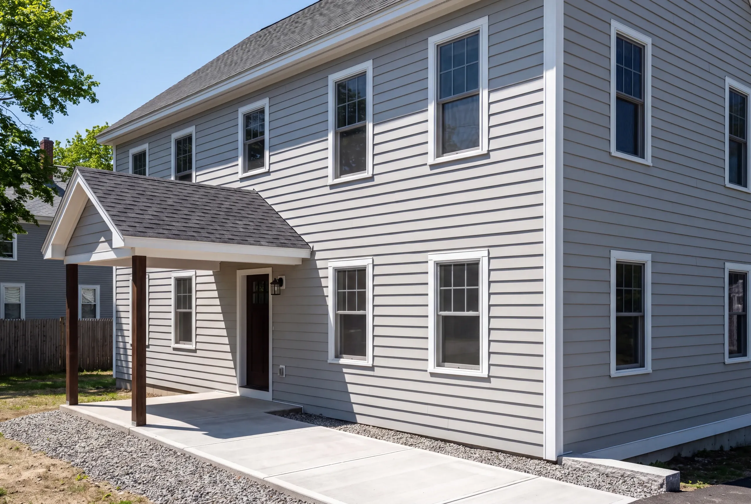 New home builder Rockland Maine: two-story house in gray lap siding with a gabled entry roof on dark posts and a concrete walk