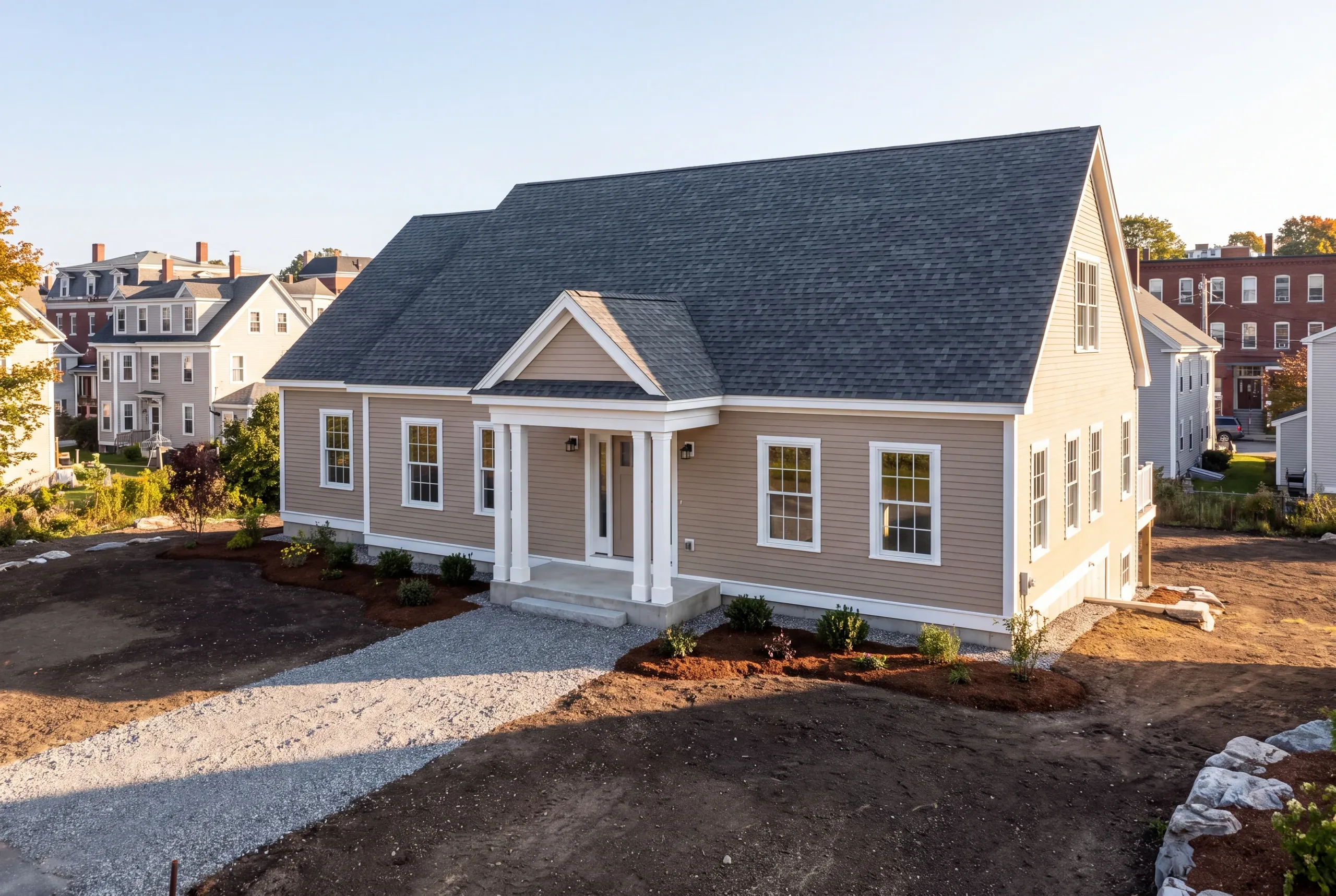 Residential home builder Rockland Maine: single-story cape with tan siding and a columned entry beside older brick buildings in town
