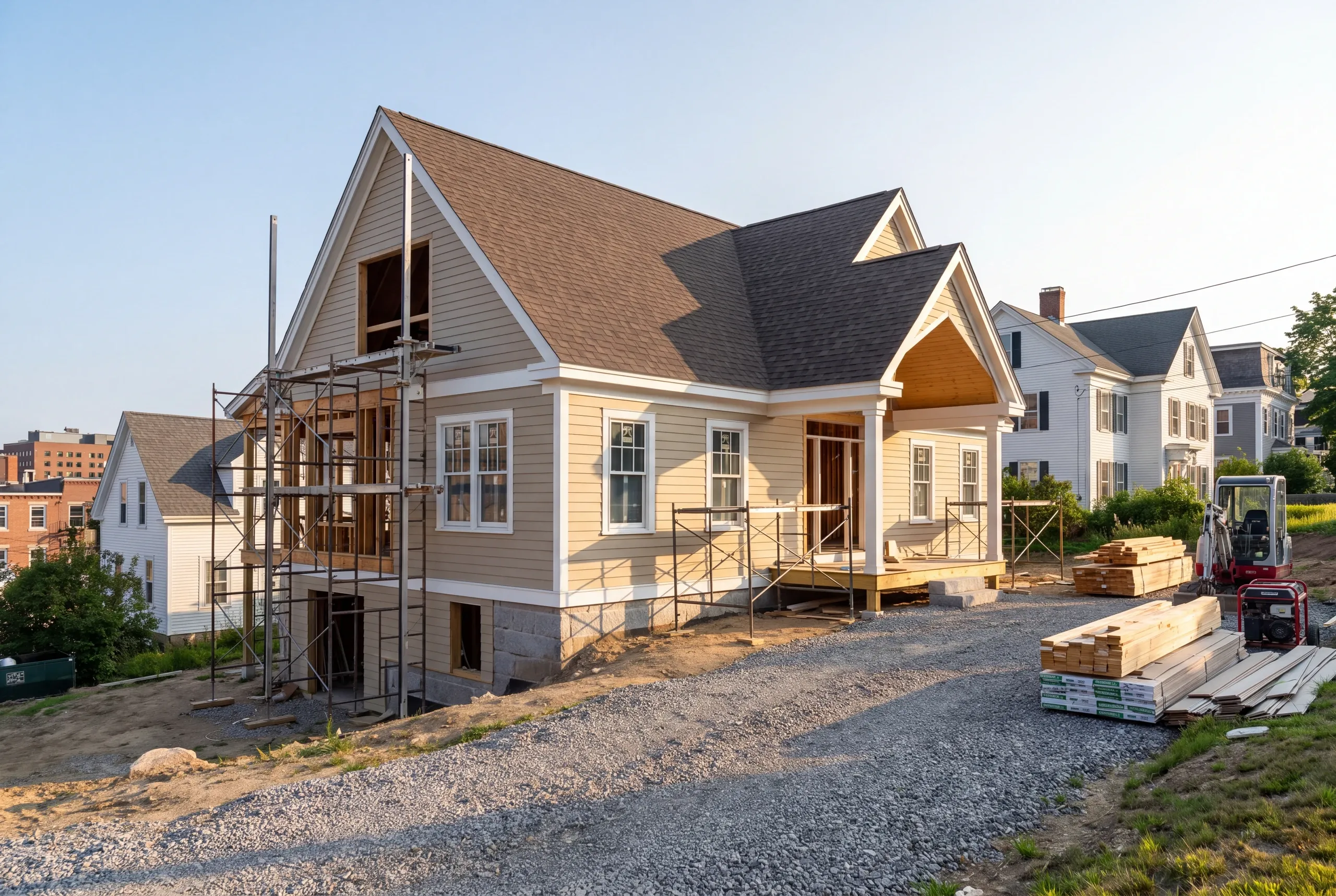 Custom home builder Rockland Maine: cape under construction with scaffolding at the gable, lumber stacks and a mini excavator