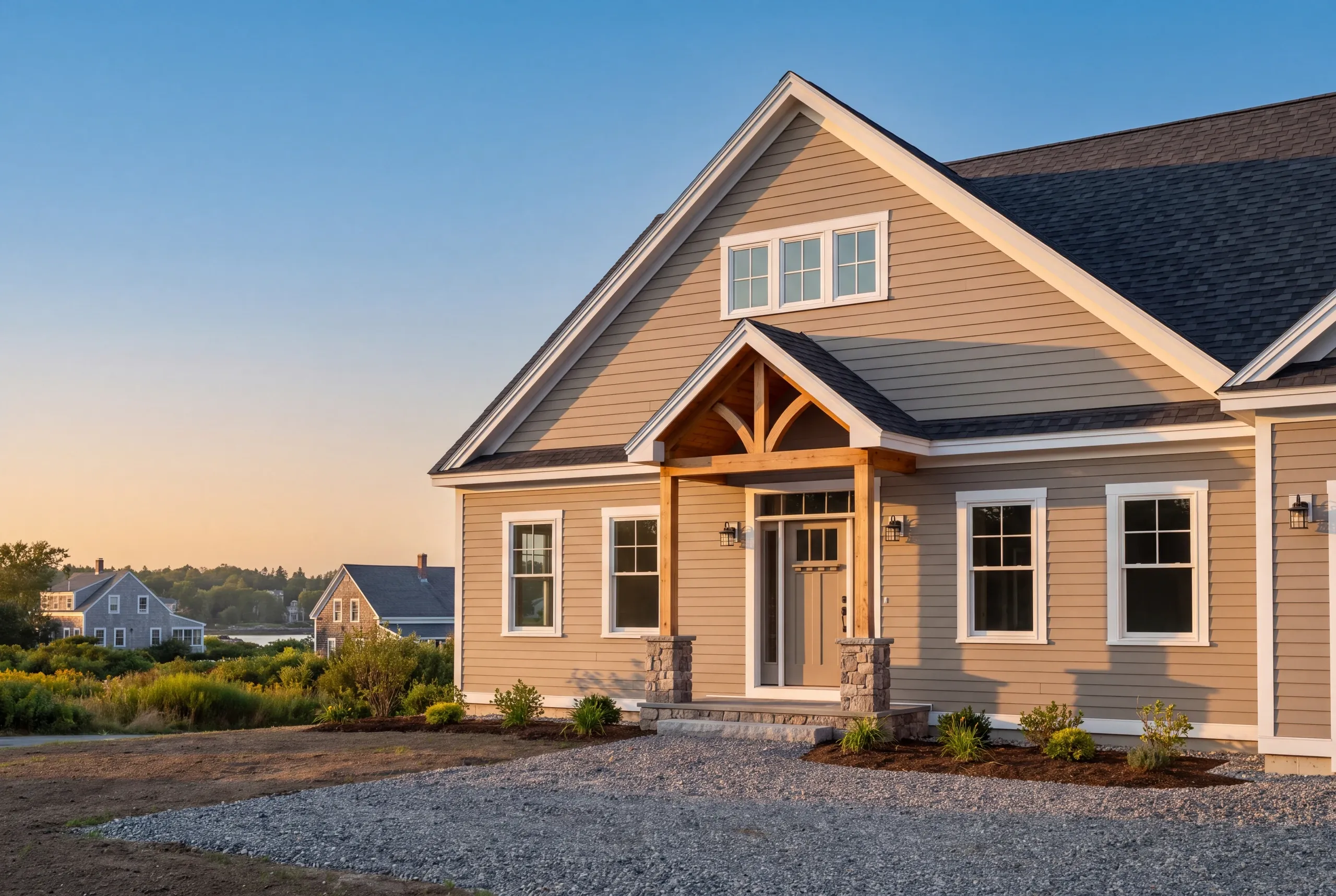 New home builder Rockland Maine: finished house in tan lap siding with a timber-braced entry porch and stone pier bases at dusk