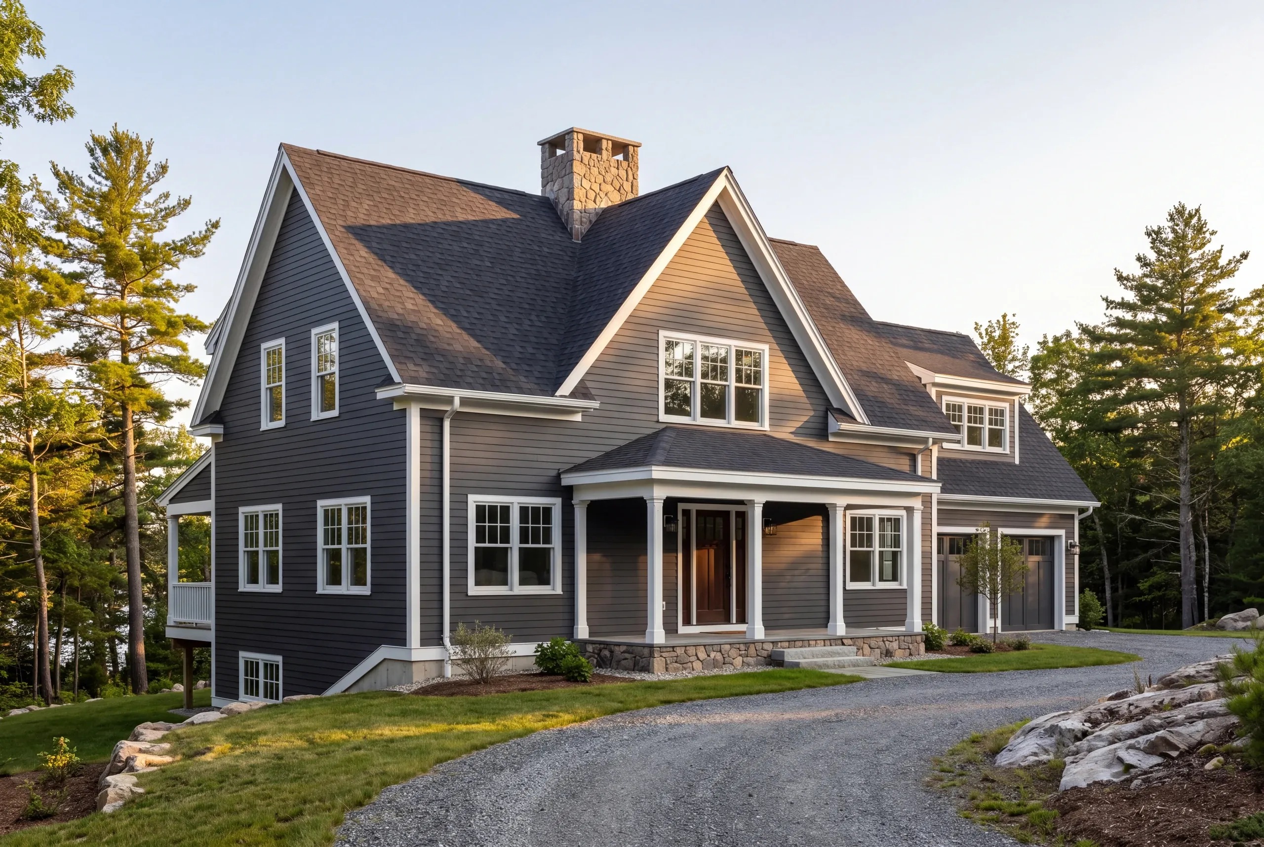 Custom home builder in Rockport, ME: finished two-story home in charcoal siding with a stone chimney, wraparound porch and ledge