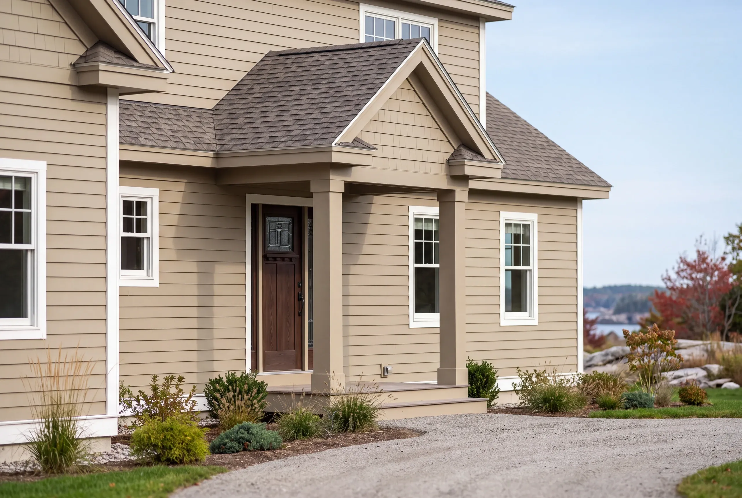 New home builder Rockport Maine: close view of a gabled entry with square columns, a dark wood door and tan lap siding