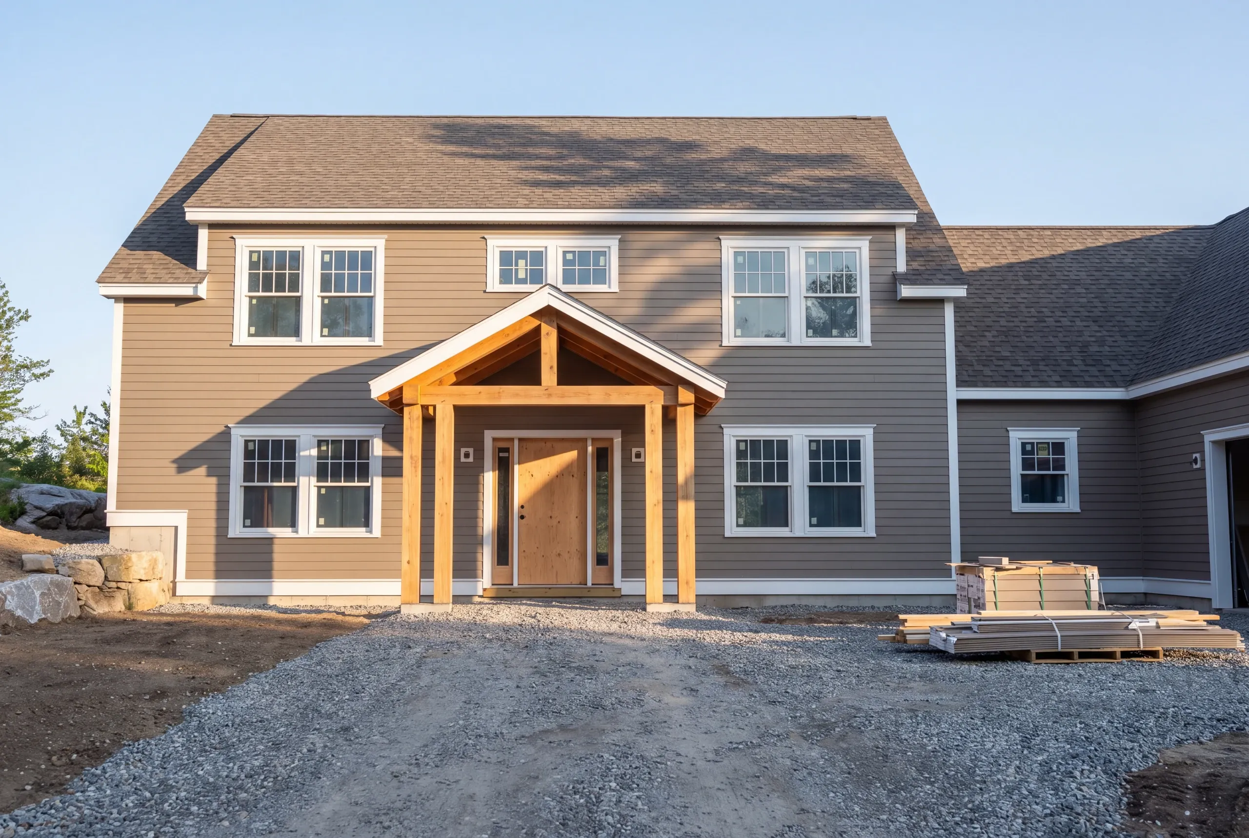 Custom home builder Rockport Maine: two-story taupe house with a timber-frame entry porch, raw wood door and a wrapped lumber stack