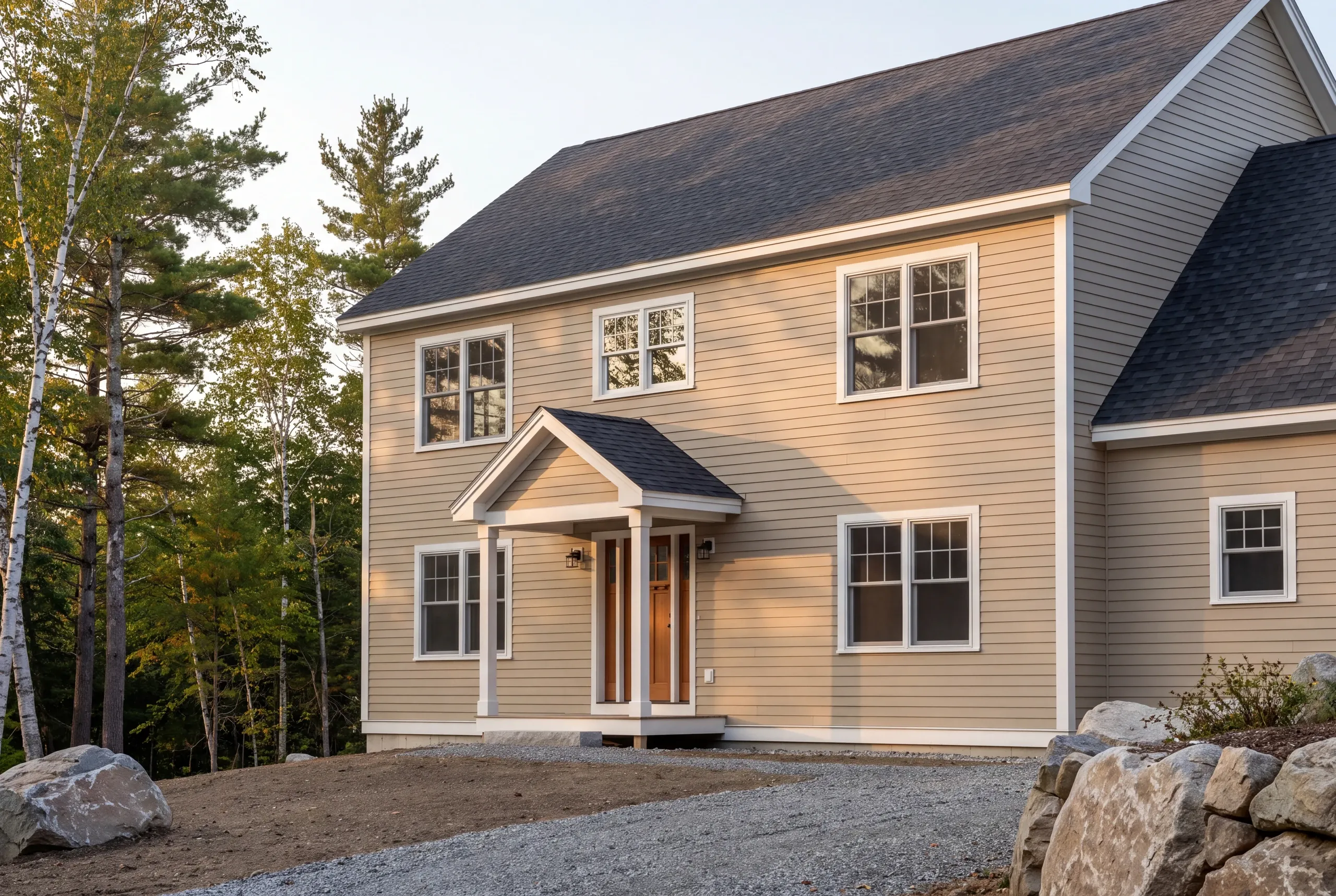 New home builder Rockport Maine: two-story colonial in beige lap siding with a small gabled portico and boulders along the drive