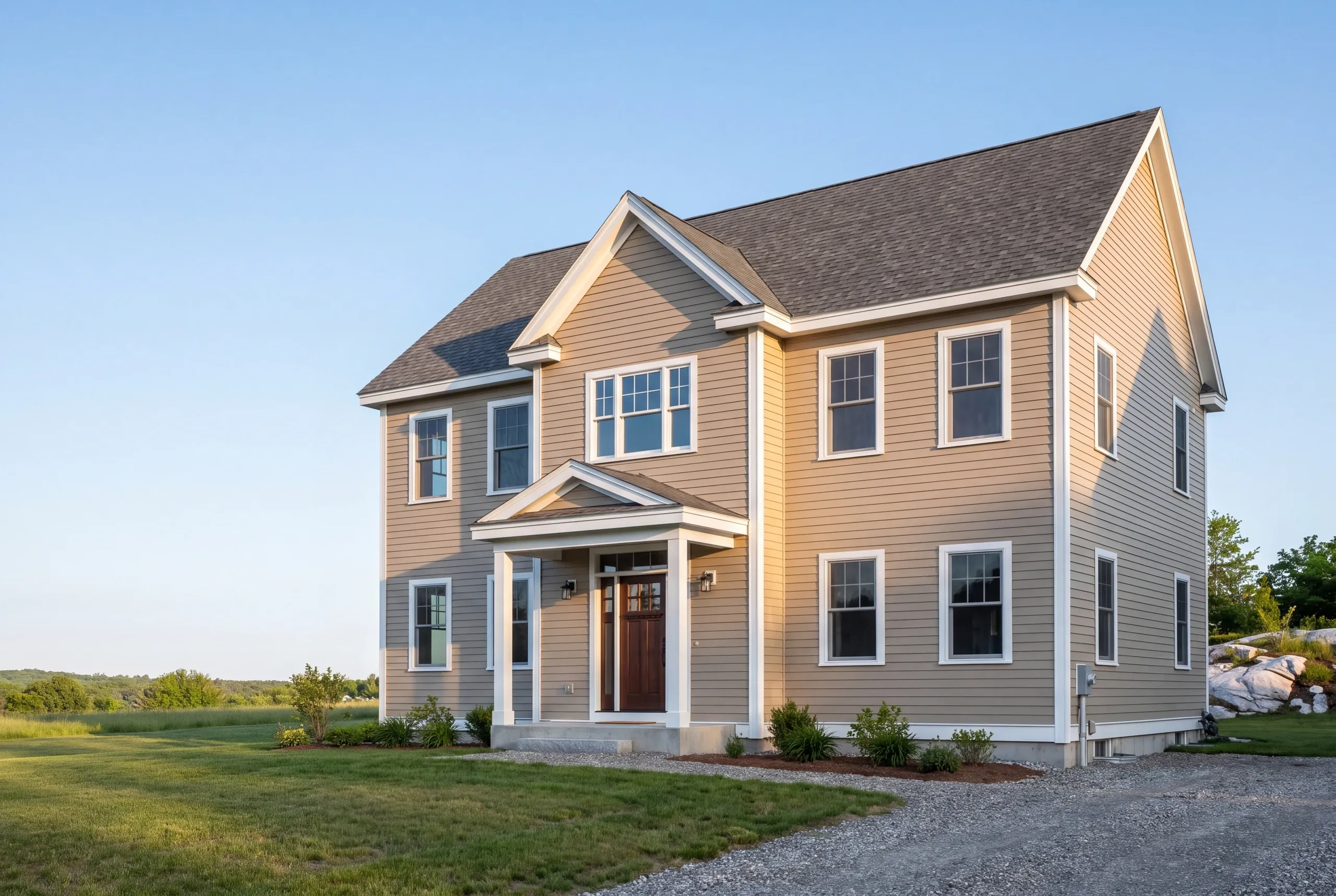 Residential home builder Rockport Maine: two-story tan house with a front cross gable and white portico set in an open grassy field