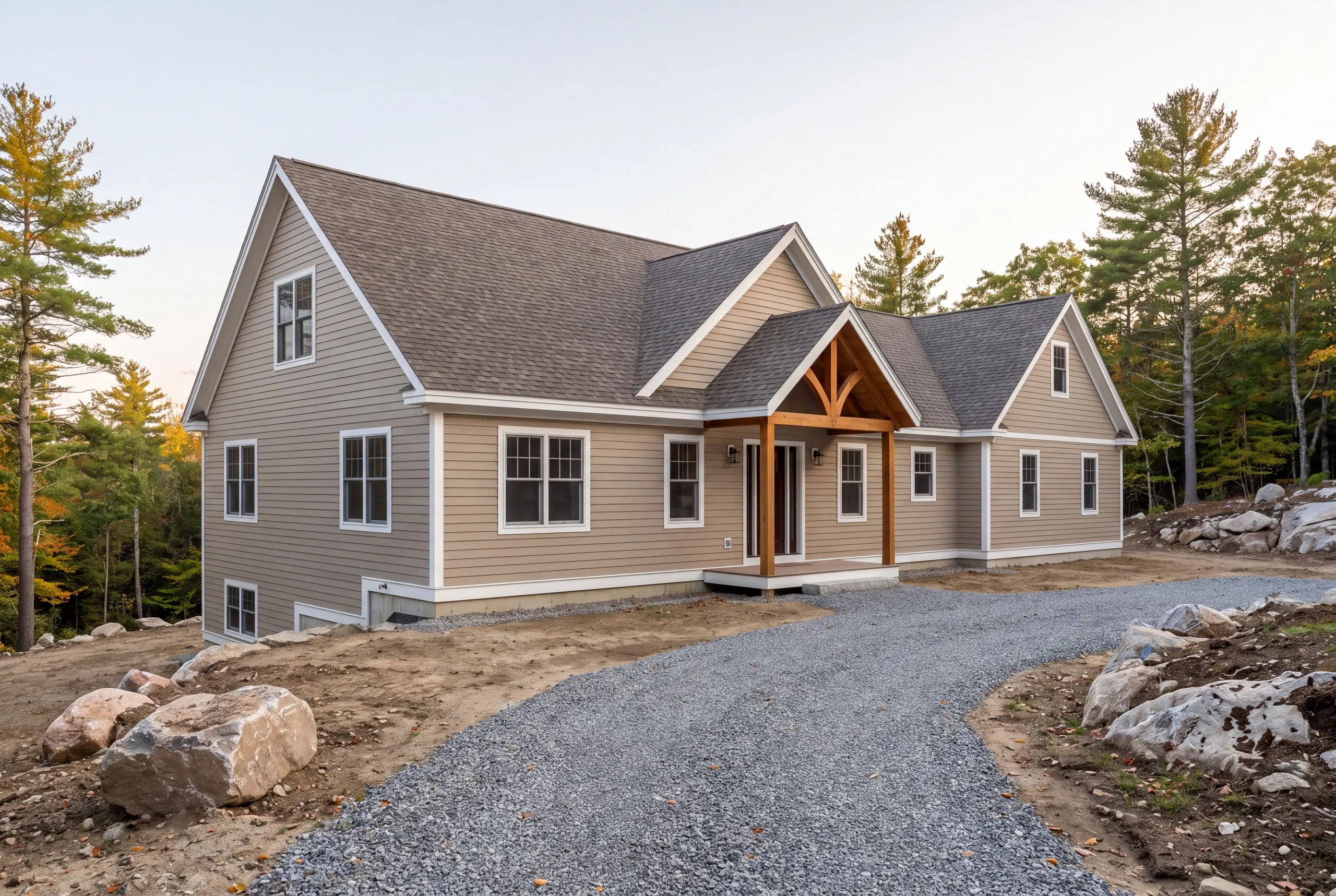 Custom home builder in Searsmont, ME: finished cape in tan lap siding with a timber gable porch and boulders lining the gravel drive