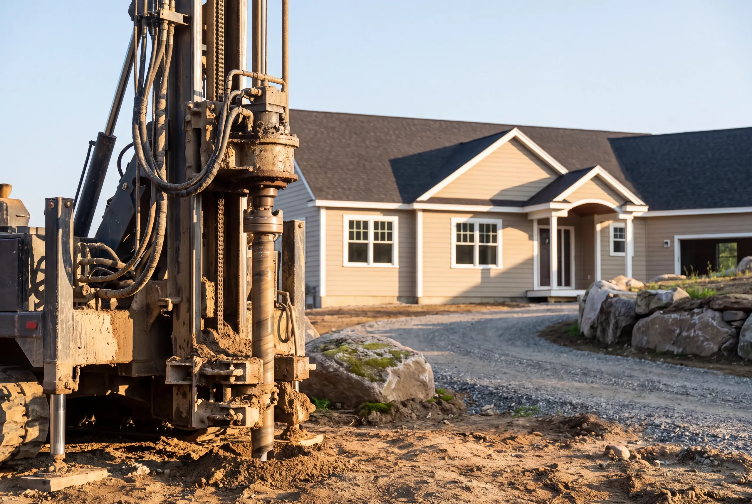 New home builder Searsmont Maine: well drilling rig with its drill stem in the dirt in front of a finished tan ranch