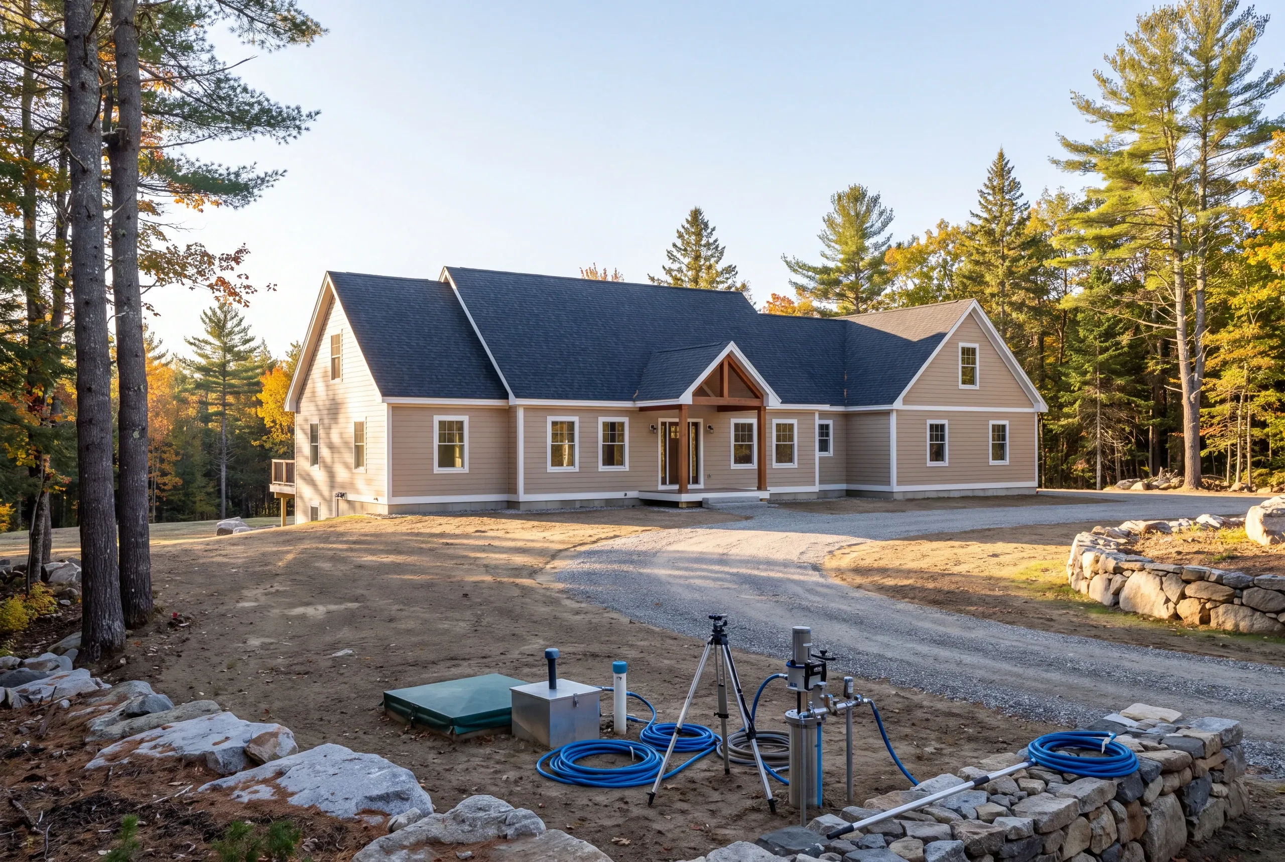 Residential home builder Searsmont Maine: finished tan ranch with a timber gable entry, a well casing and coiled blue hoses in front