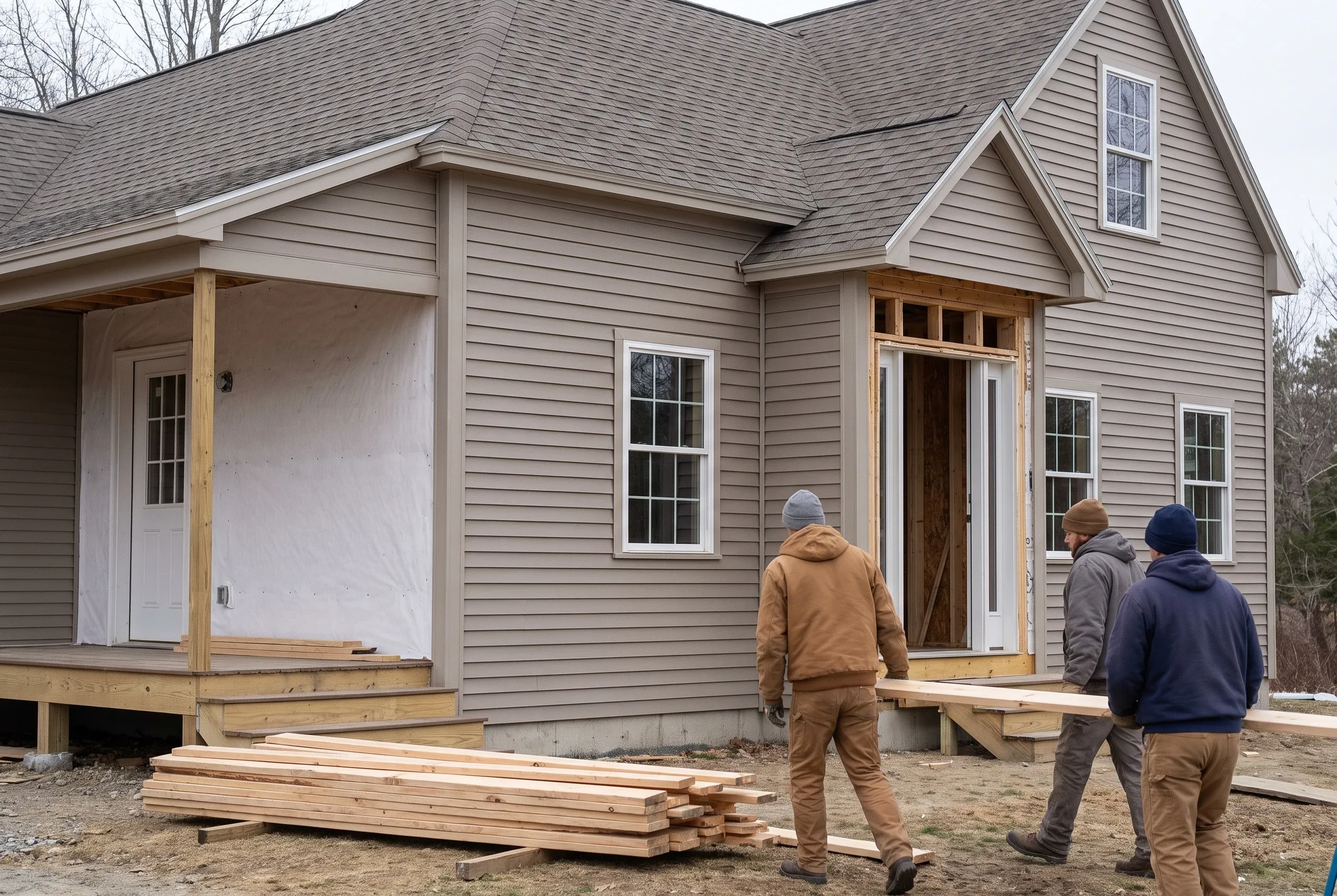 Custom home builder Searsmont Maine: three workers bring lumber to a taupe-sided house with a wrapped porch wall and open entry framing