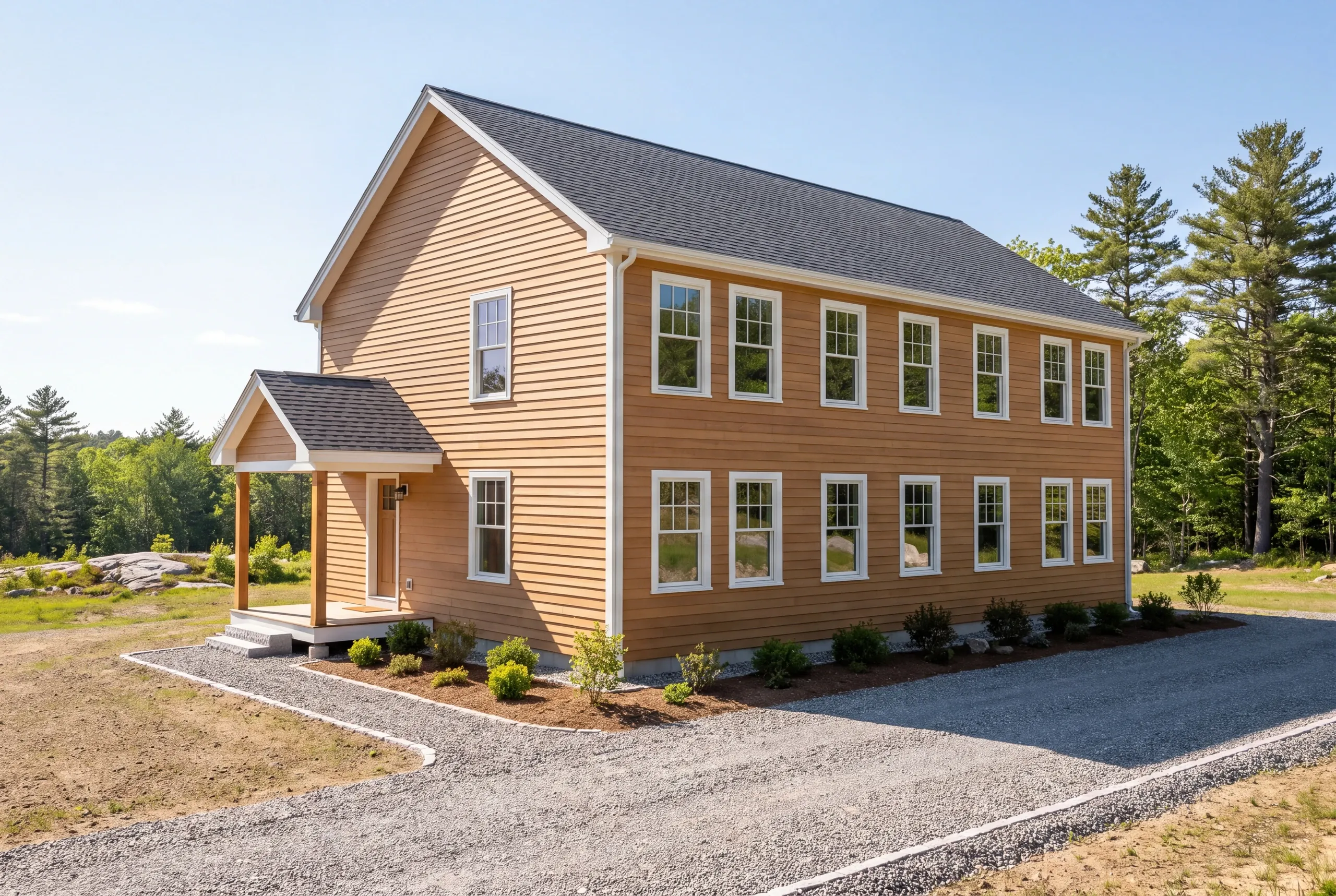 New home builder Searsmont Maine: two-story colonial in warm tan clapboards with a gabled side entry and a fresh gravel drive