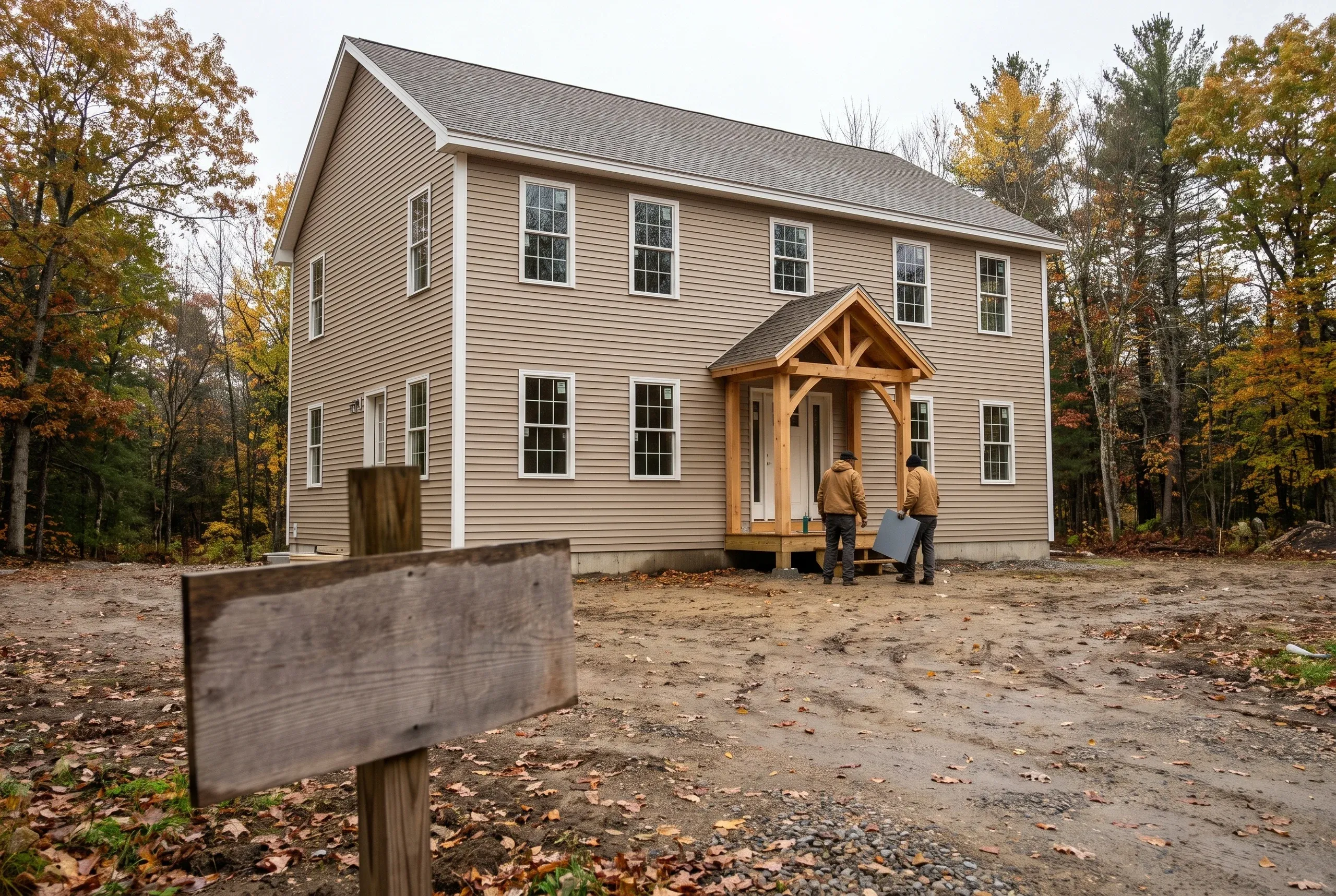 Residential home builder Searsmont Maine: new two-story colonial in tan lap siding with a timber entry porch and two workers at the door