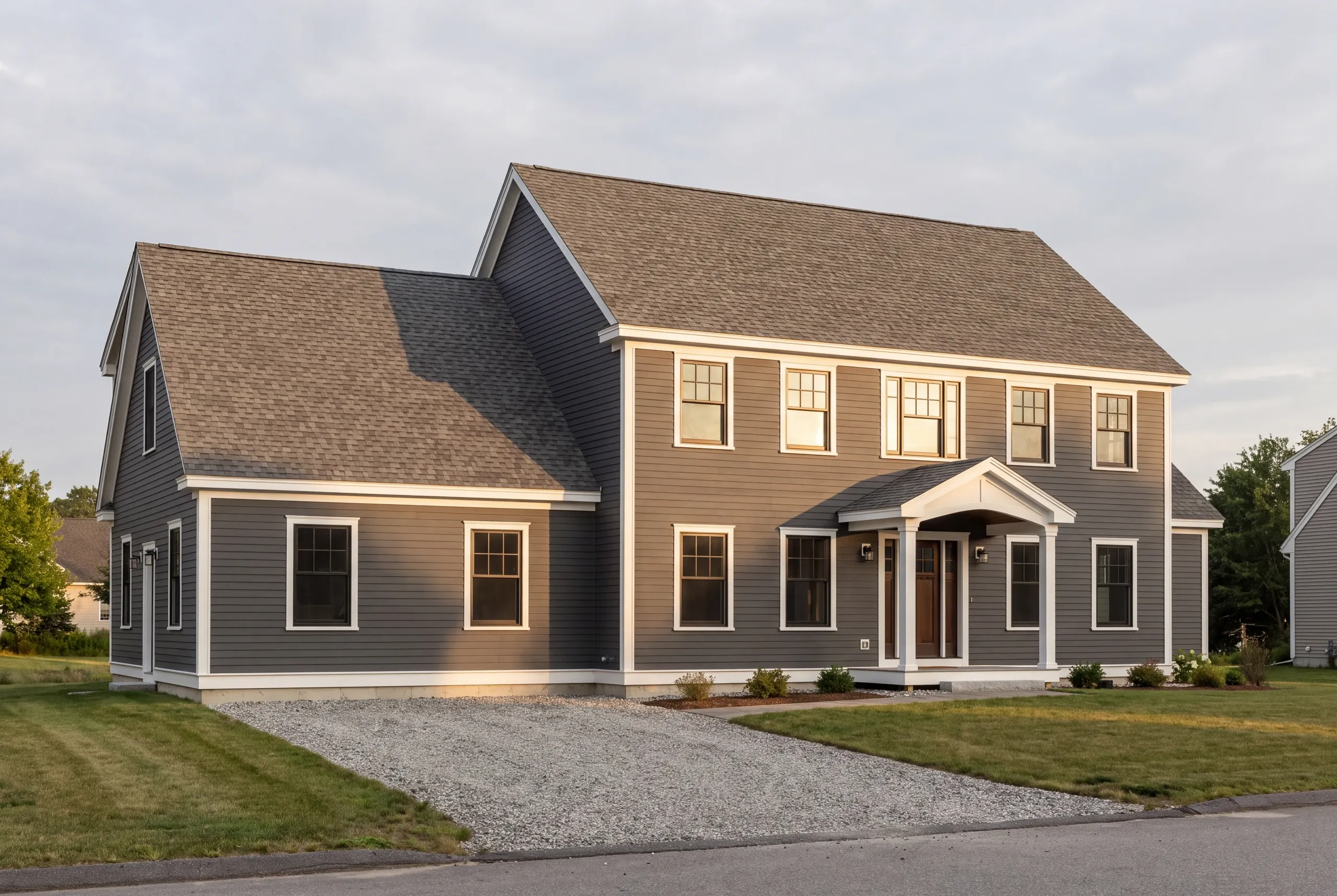 Custom home builder in Thomaston, ME: two-story colonial in slate gray lap siding with an attached wing and an arched entry portico