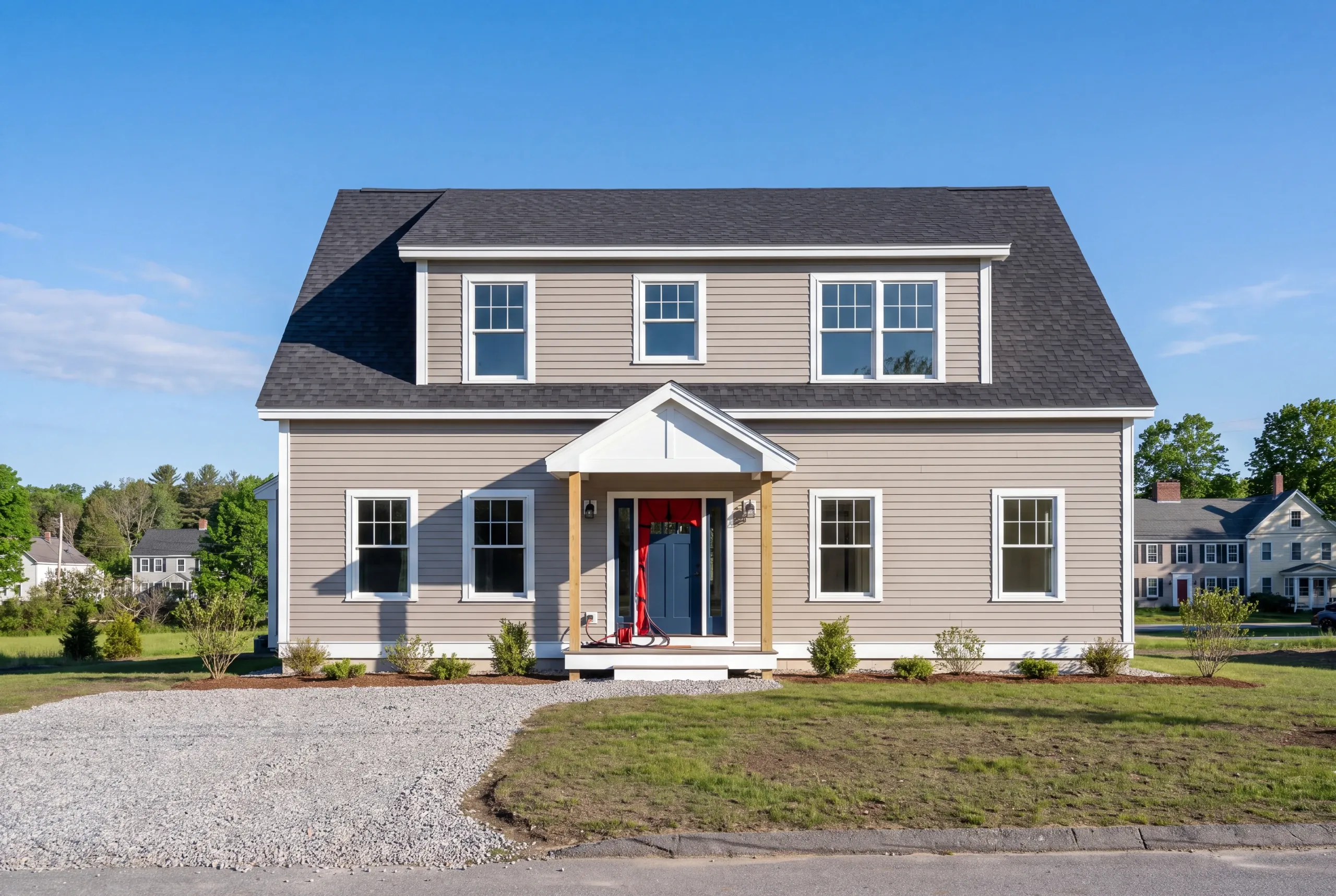 Residential home builder Thomaston Maine: cape with a long shed dormer and taupe siding, a red blower door panel fitted in the entry