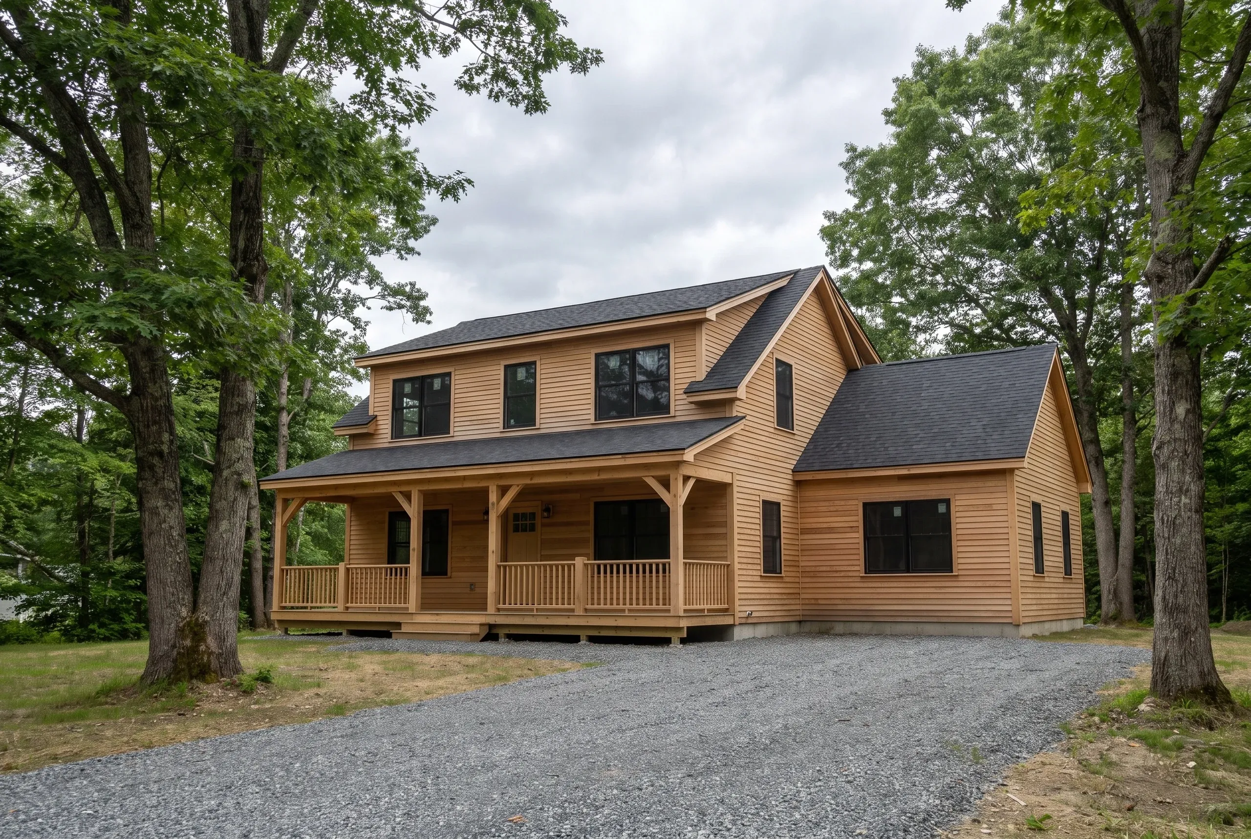 Custom home builder Thomaston Maine: new house with a shed dormer, natural wood clapboards, black windows and a railed front porch