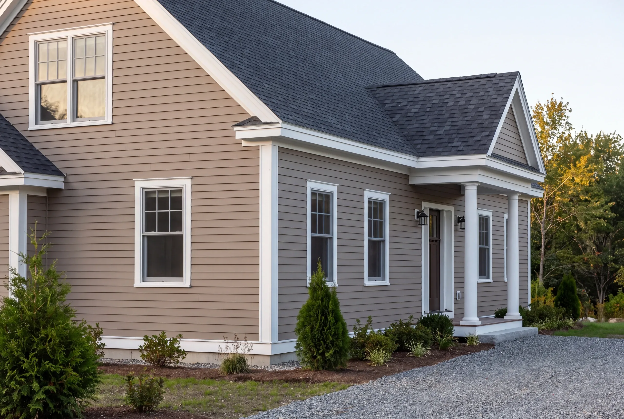 New home builder Thomaston Maine: corner of a finished taupe cape with a white columned porch and young shrubs by the gravel