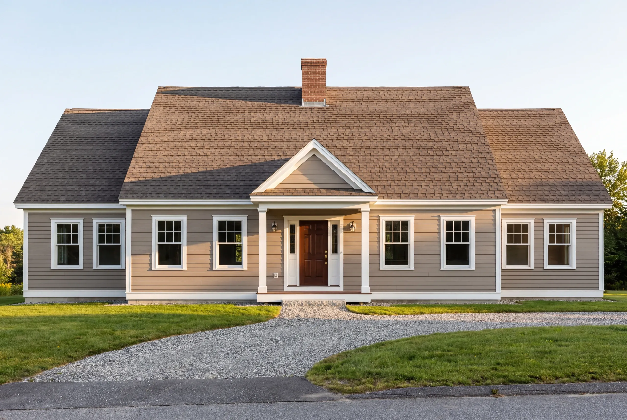 Residential home builder Thomaston Maine: symmetrical tan cape with a brick chimney, center gable entry and a wing on each end