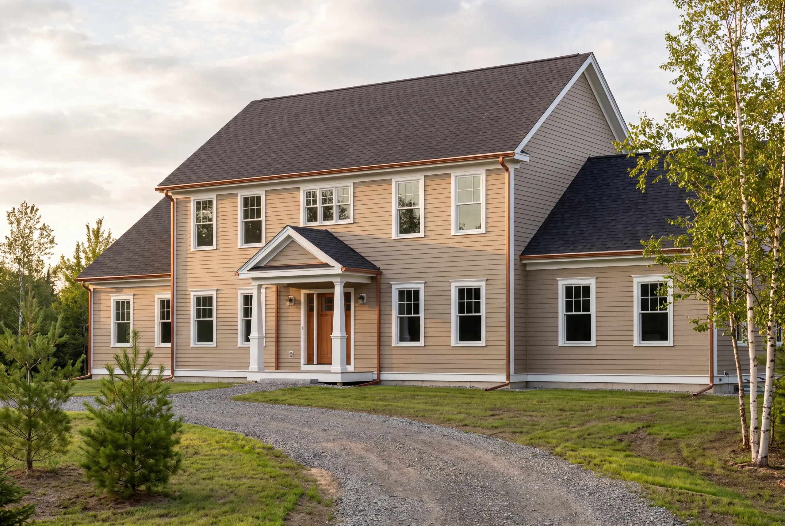 Custom home builder in Waldoboro, ME: two-story tan colonial with a connected side wing, columned portico and birch trees