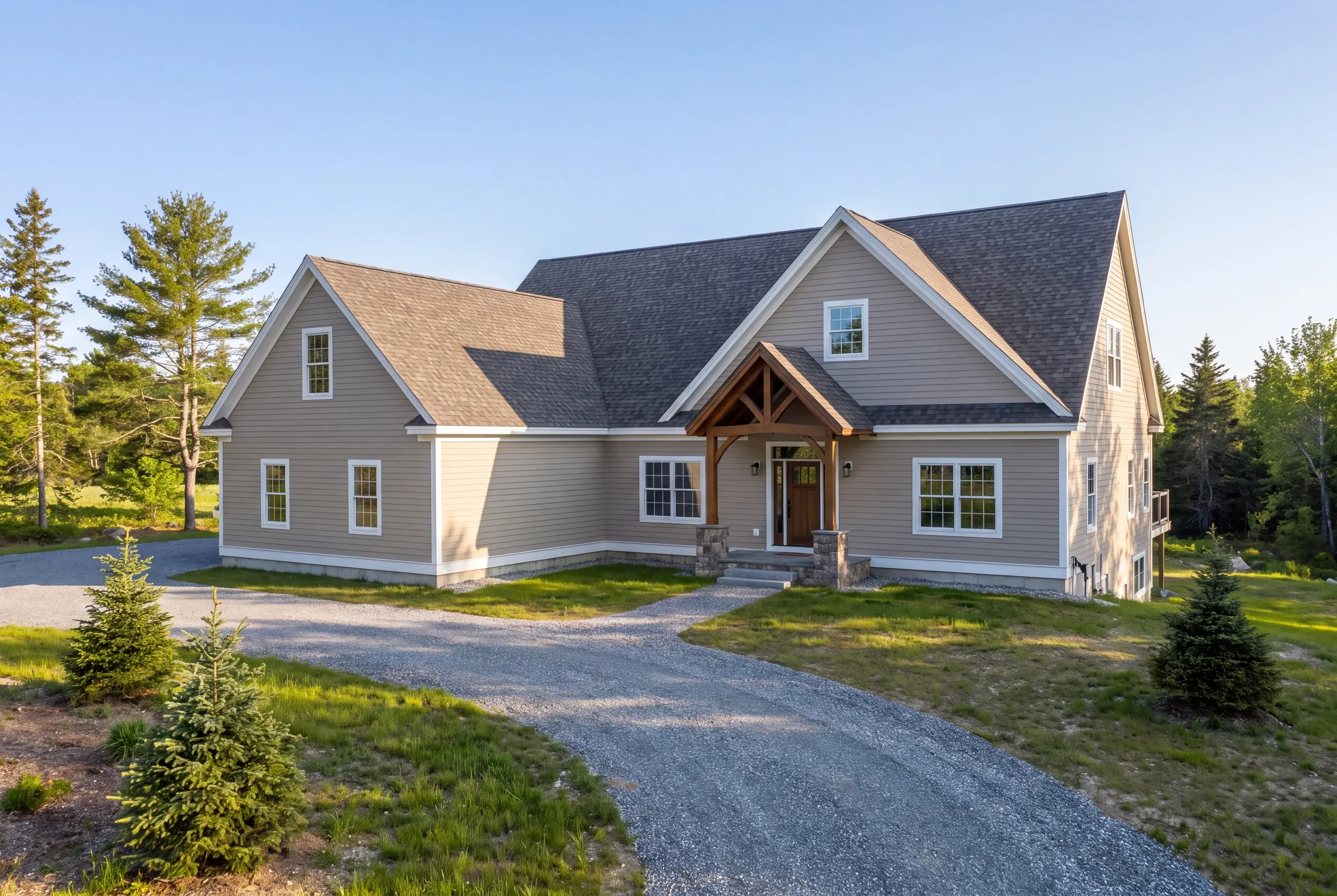 Residential home builder Waldoboro Maine: taupe cape with a timber gable porch on stone piers and young spruces along a gravel drive