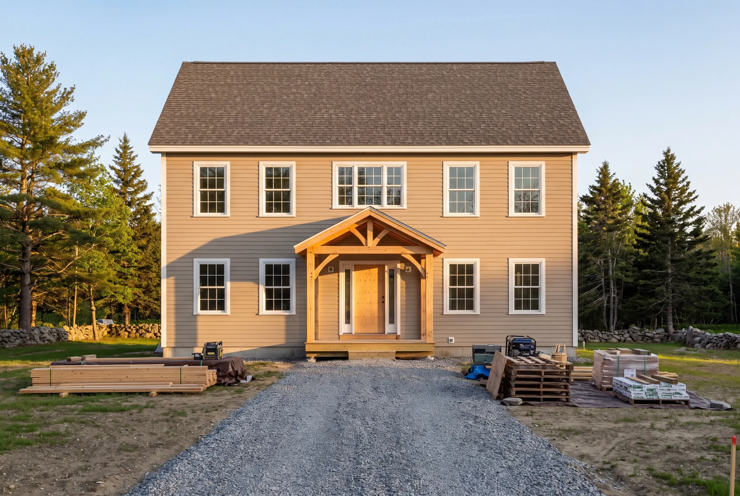 Custom home builder Waldoboro Maine: two-story colonial with a timber-braced entry, lumber and pallets staged on both sides of the drive