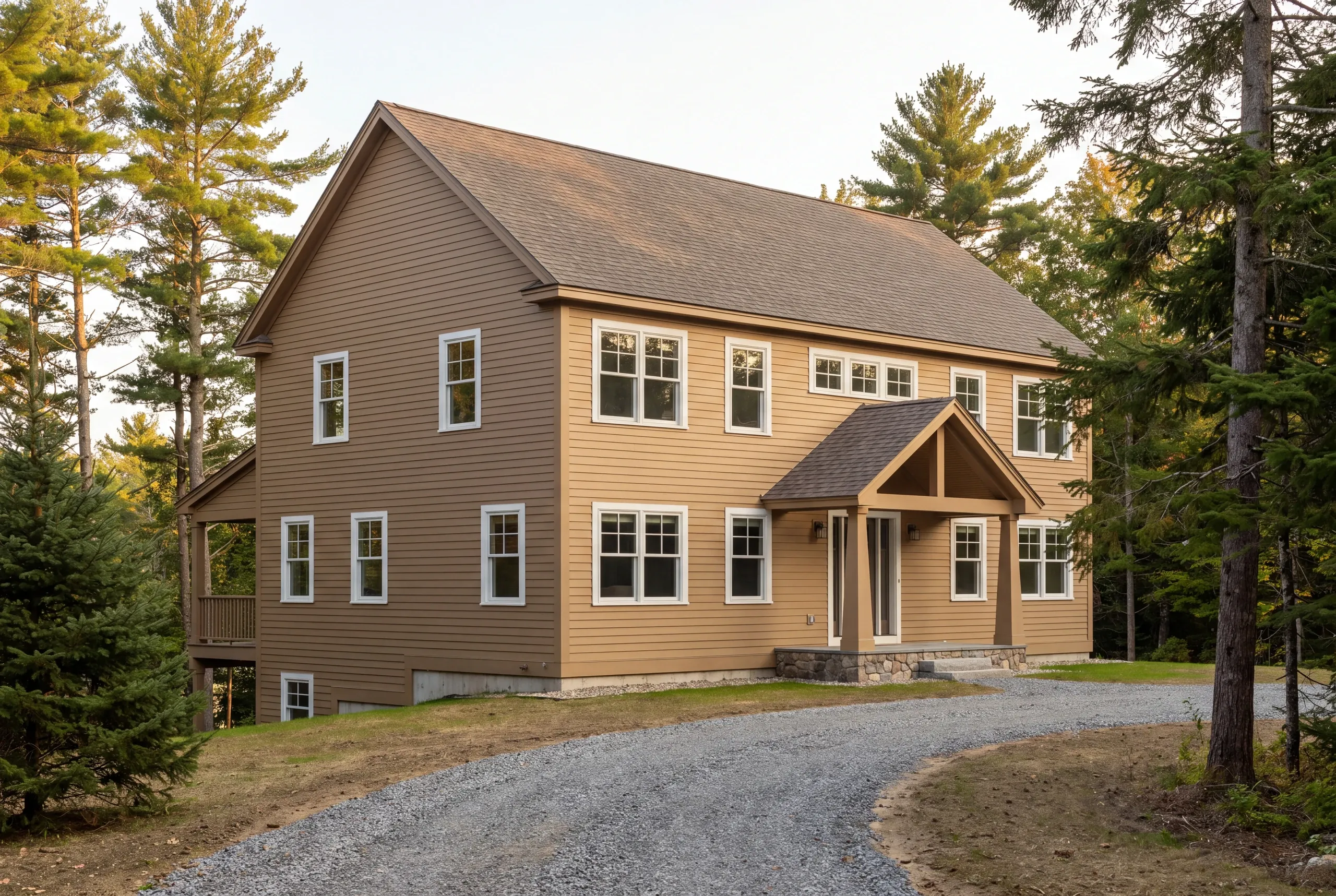 New home builder Waldoboro Maine: two-story colonial in brown lap siding with a gabled entry porch on a deeply wooded lot