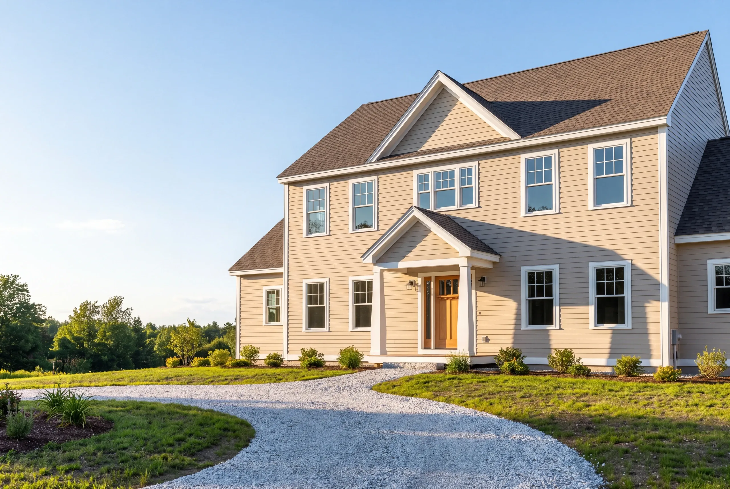 Residential home builder Waldoboro Maine: two-story tan colonial with a front gable, gabled portico and a curving gravel drive