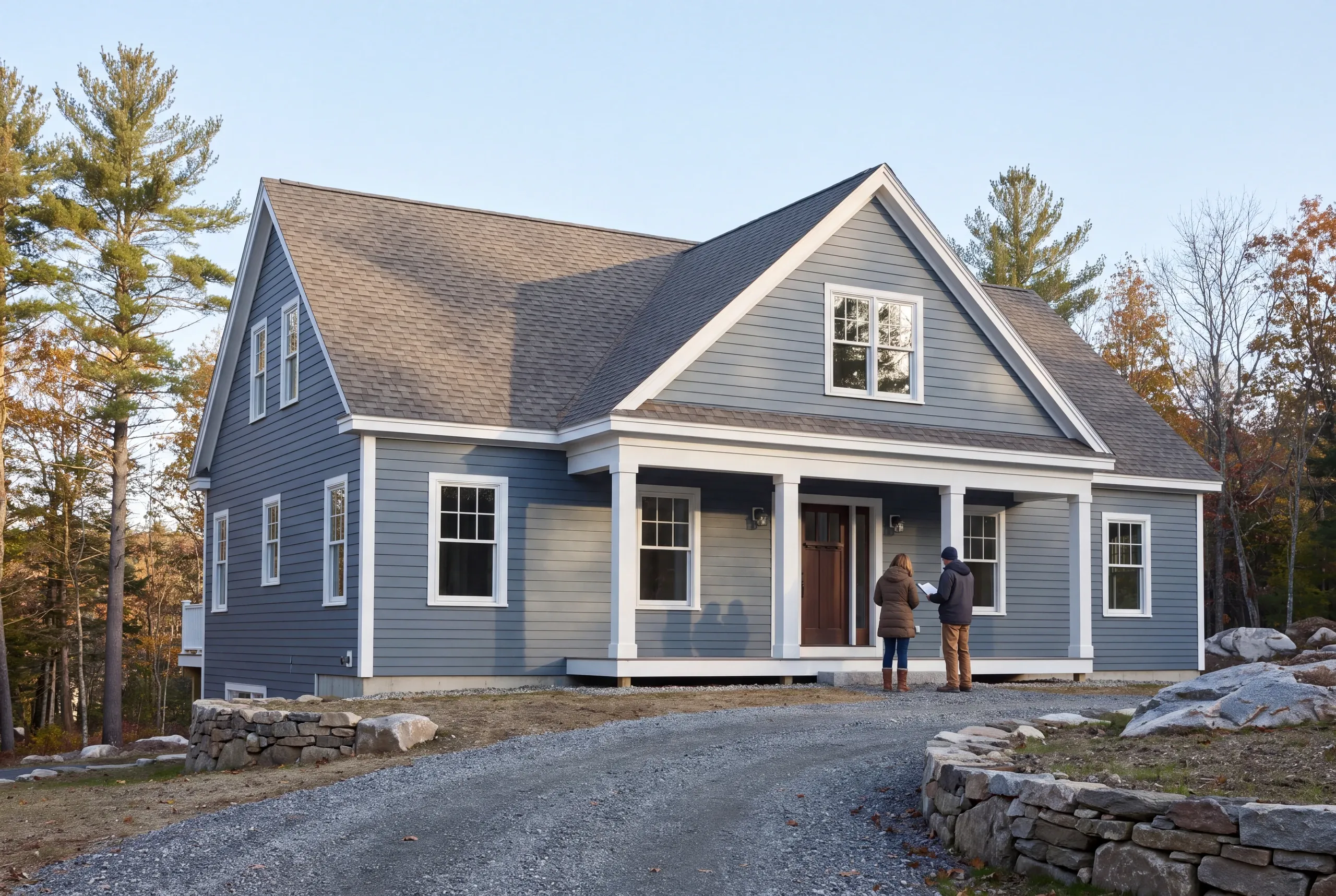 Custom home builder in Warren, ME: two people with paperwork on the porch of a blue-gray cape with white columns