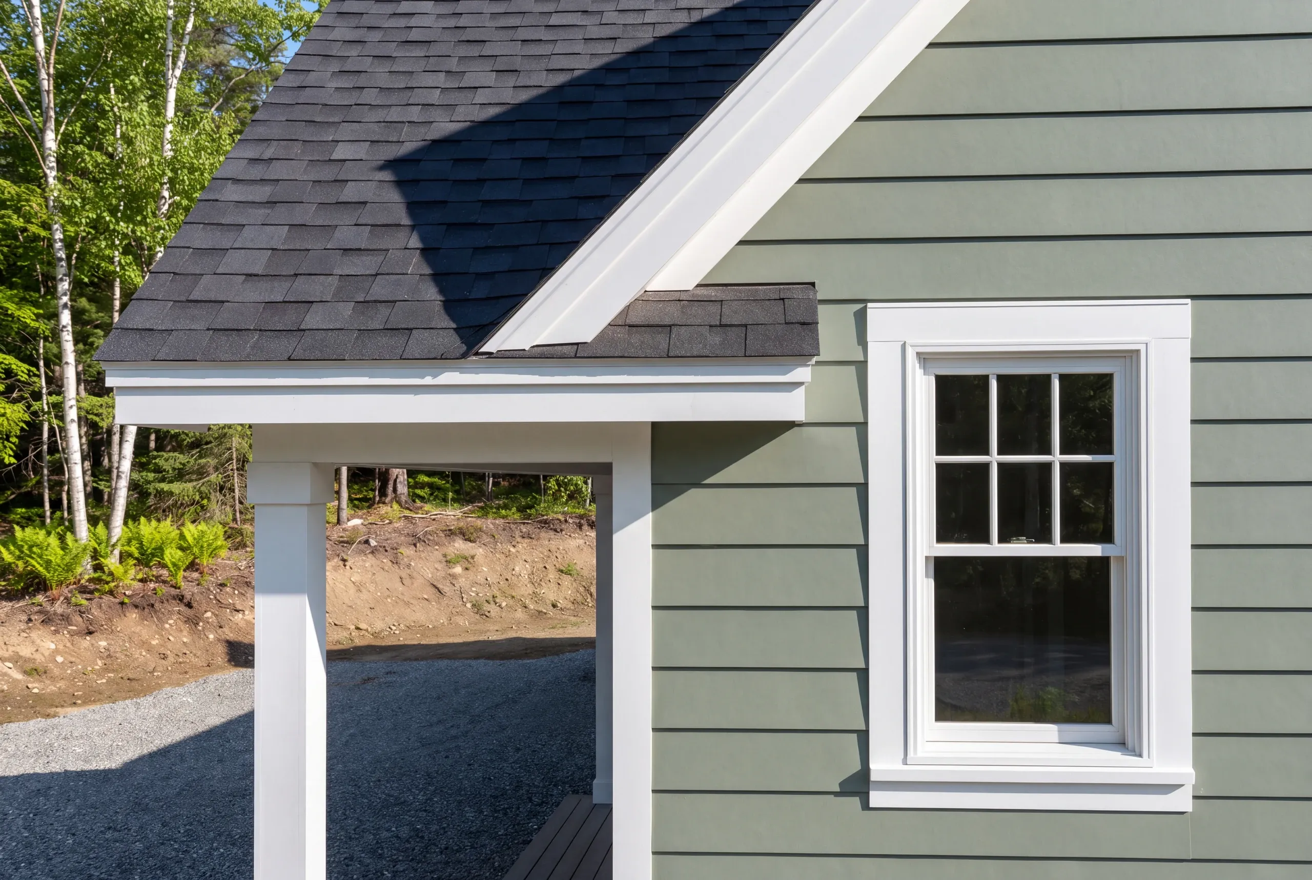 New home builder Warren Maine: close view of sage green lap siding, a white double-hung window and a gabled entry roof
