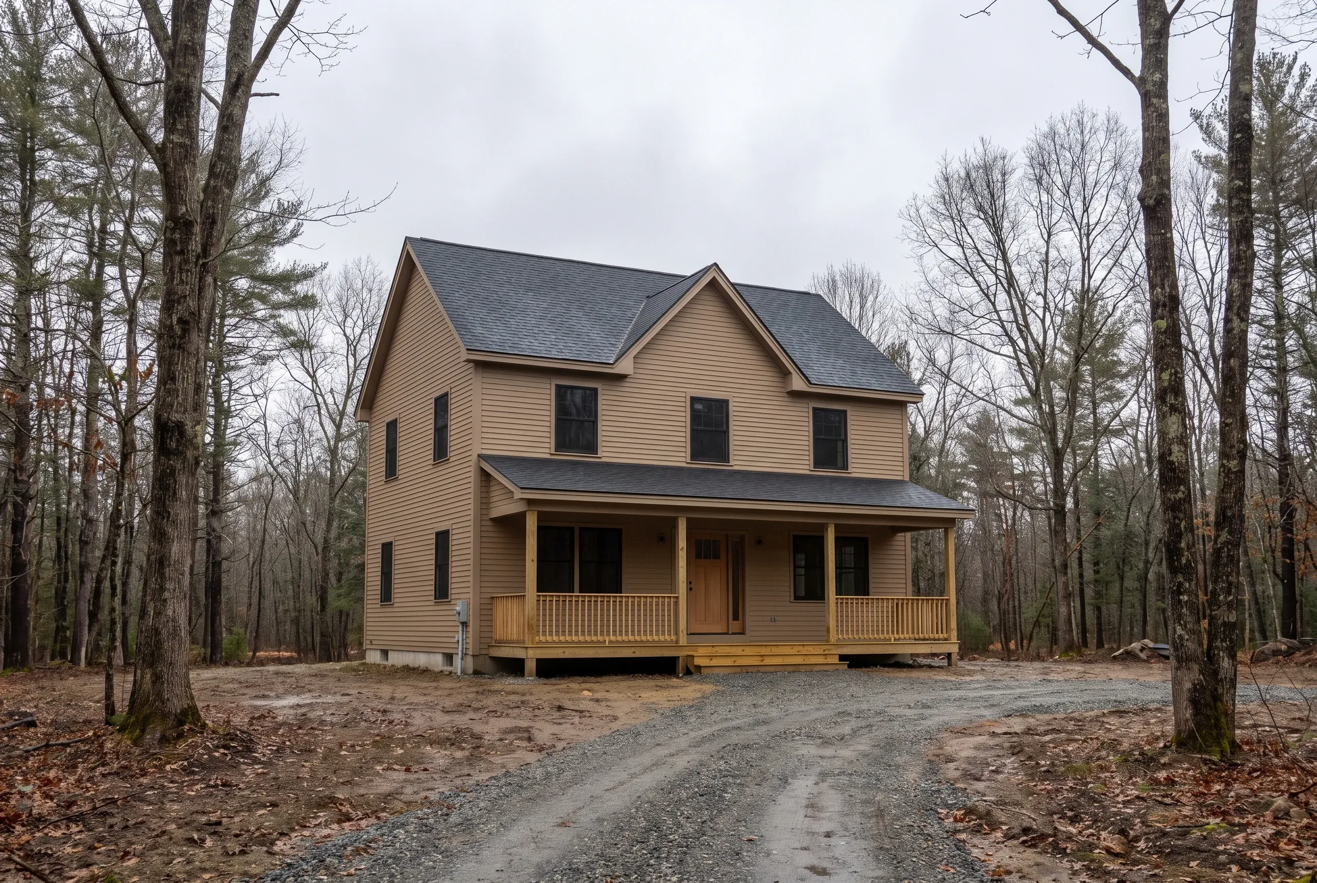 Residential home builder Warren Maine: finished tan colonial with front porch and gravel drive among bare trees