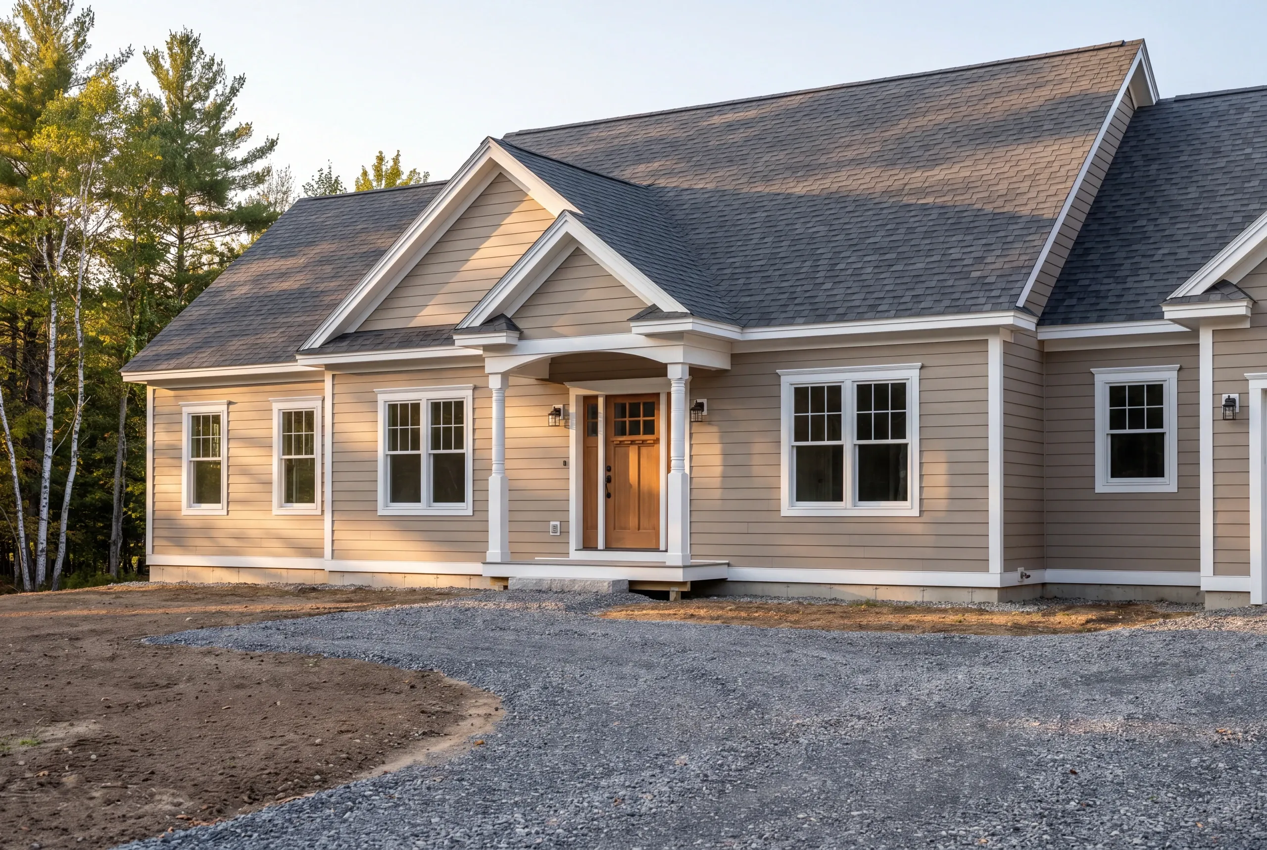 Custom home builder Warren Maine: single-story home in tan siding with twin front gables and a columned portico on graded soil
