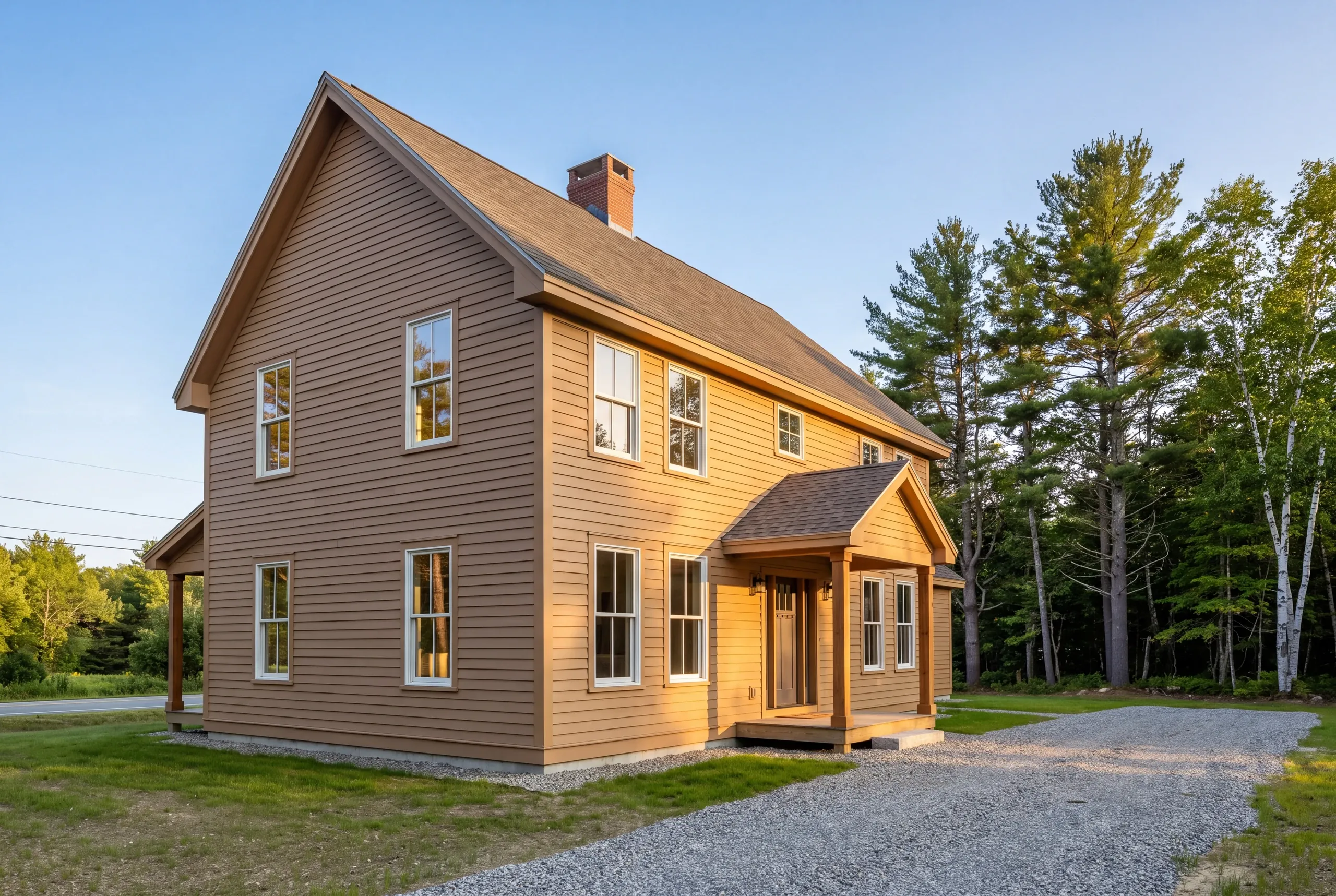 New home builder Warren Maine: tall two-story farmhouse in brown lap siding with a brick chimney and a gabled side porch