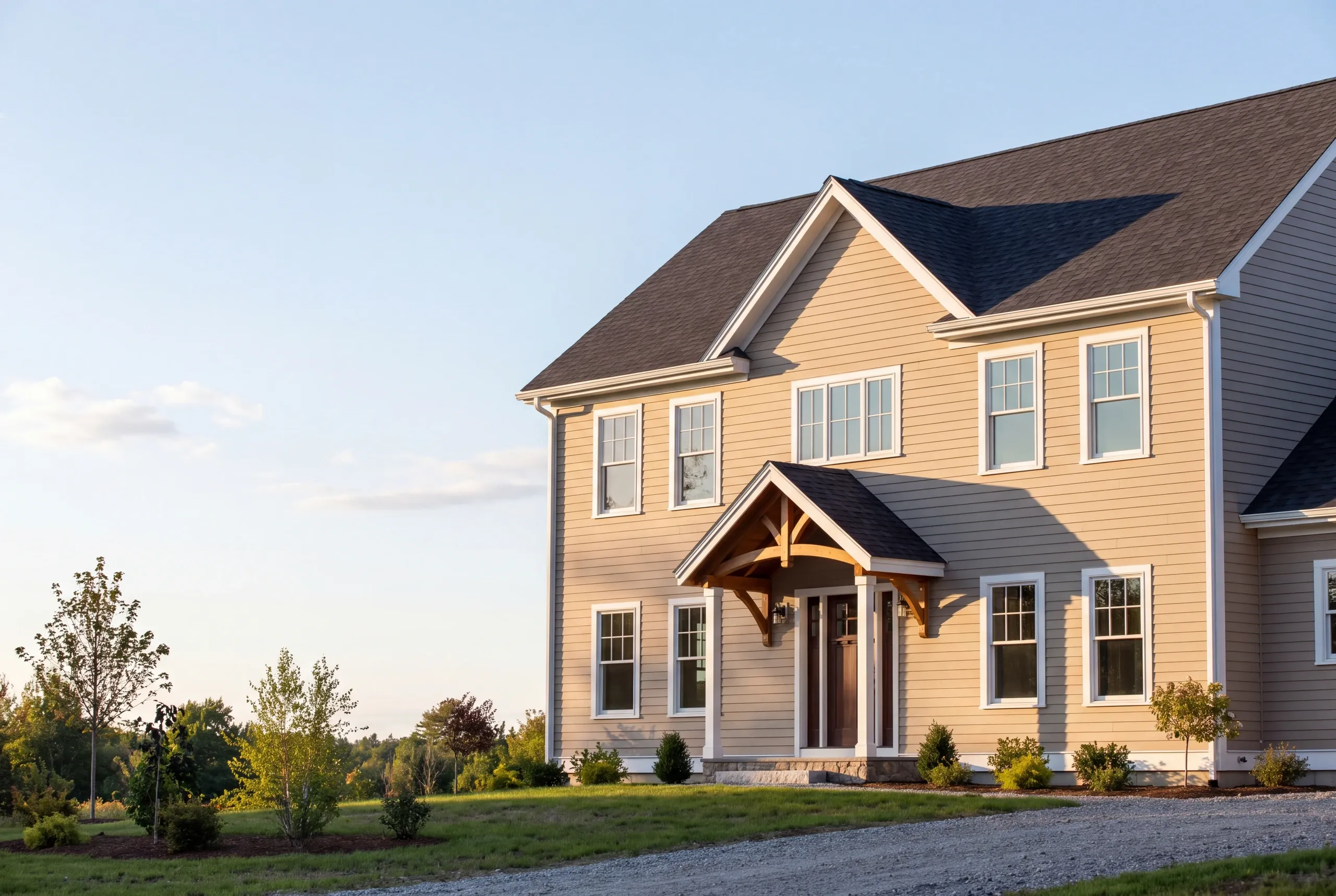 Residential home builder Warren Maine: two-story tan house with a timber-bracketed portico and young trees in a new lawn