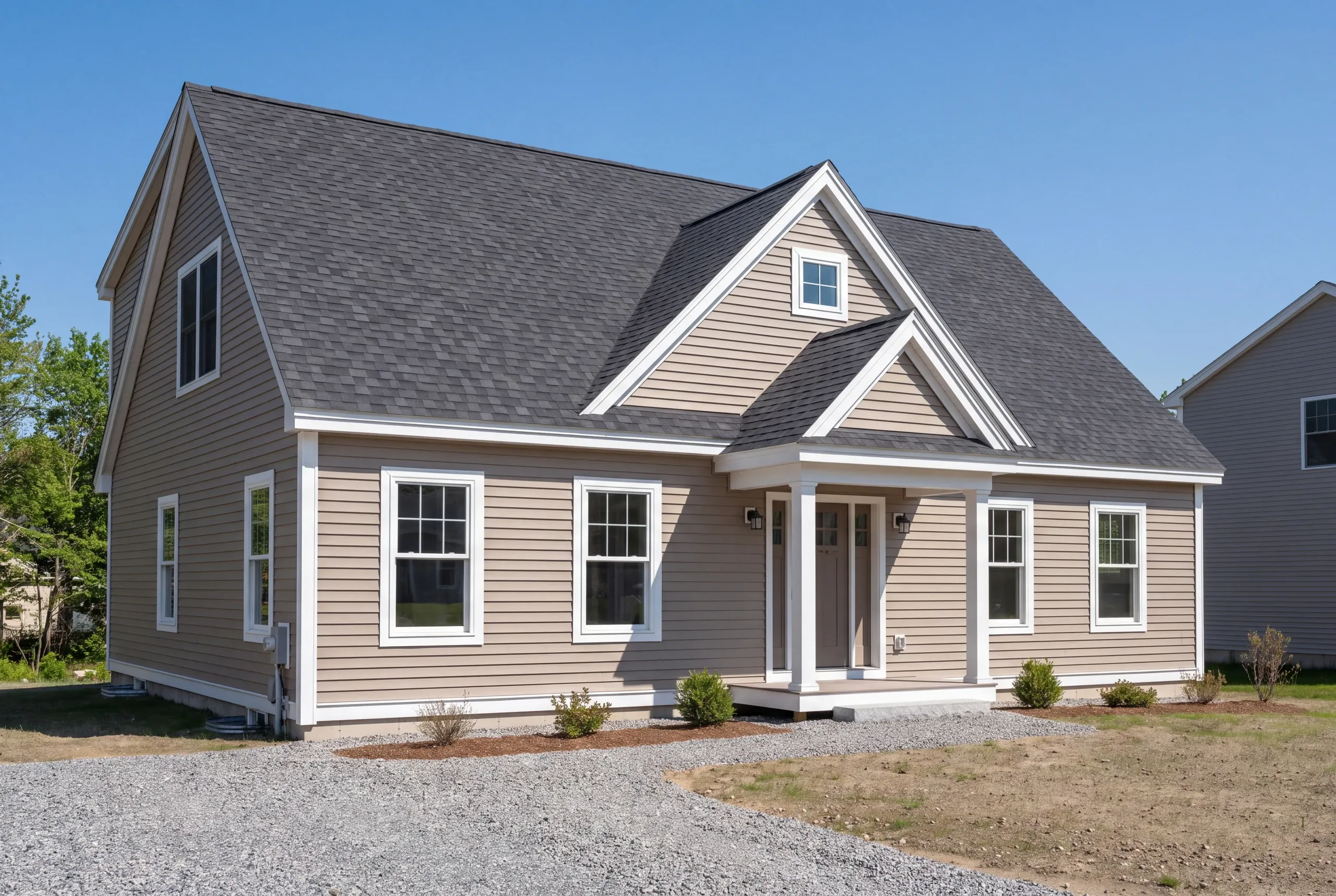 Custom home builder in Waterville, ME: taupe cape with stacked front gables, a columned portico and a neighboring house close by