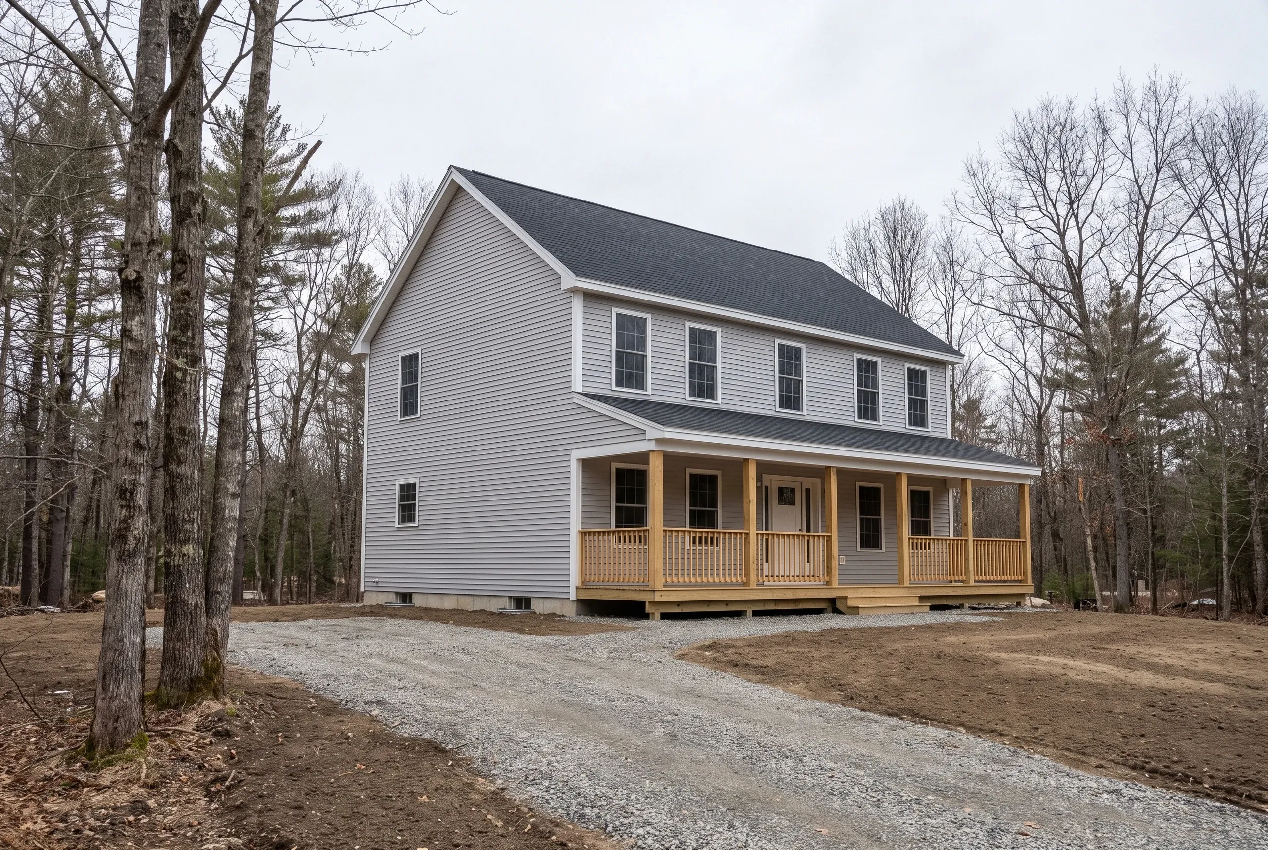 New home builder Waterville Maine: new two-story colonial in gray siding with a wood front porch and a fresh gravel driveway