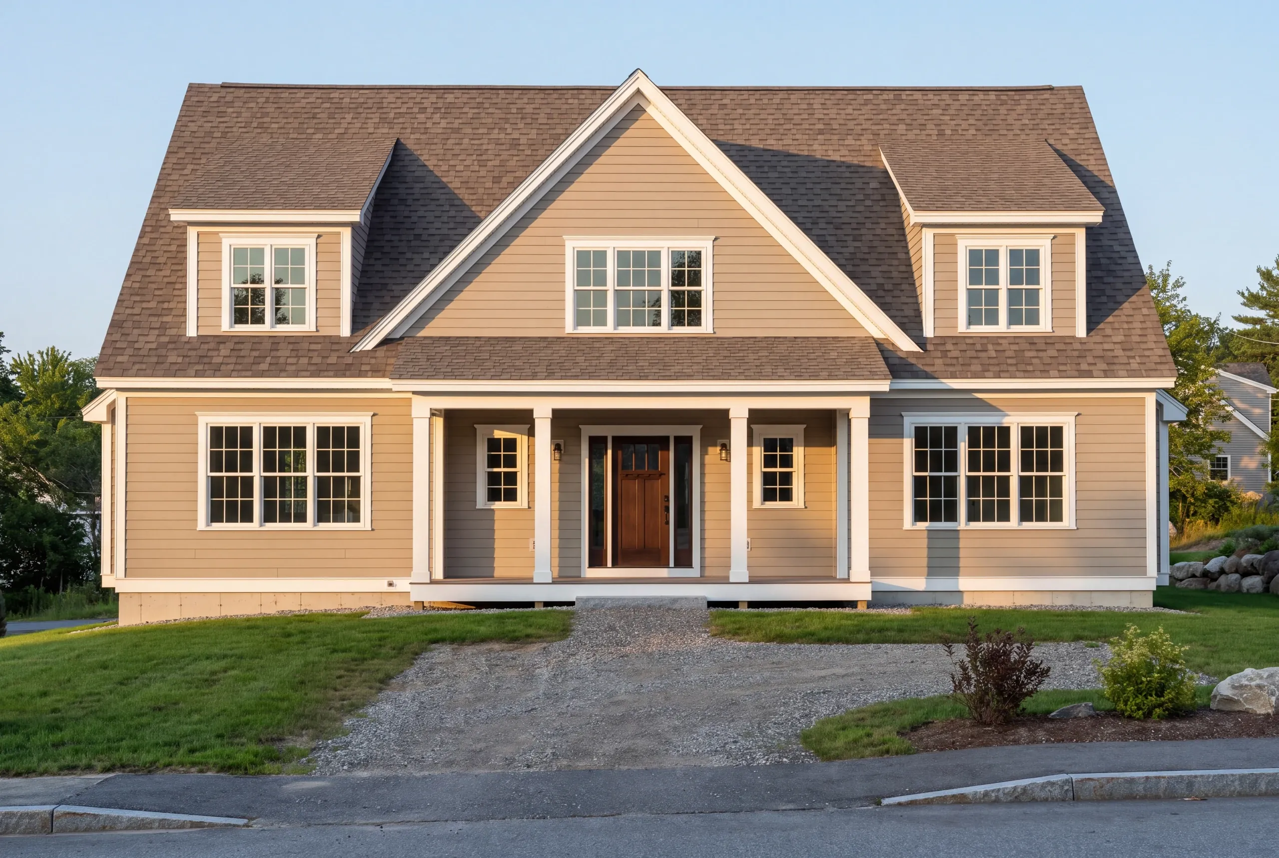 Residential home builder Waterville Maine: tan cape with three front dormers, a full columned porch and a new lawn at the curb