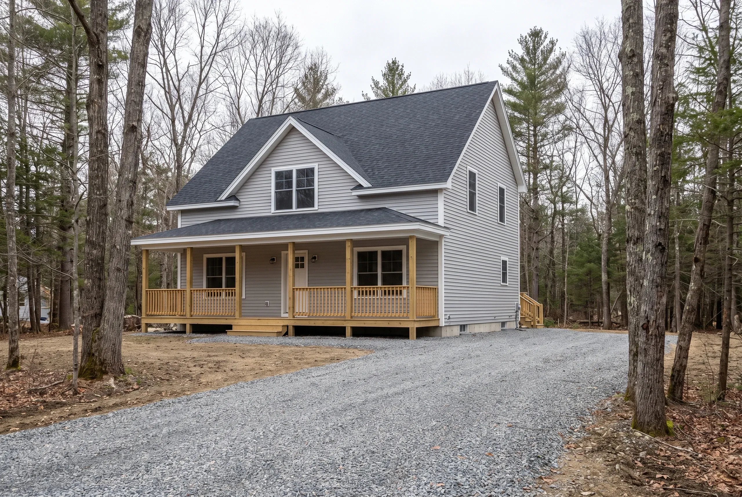 Custom home builder Waterville Maine: finished gray cape with front porch and dormer on a gravel drive in the pines