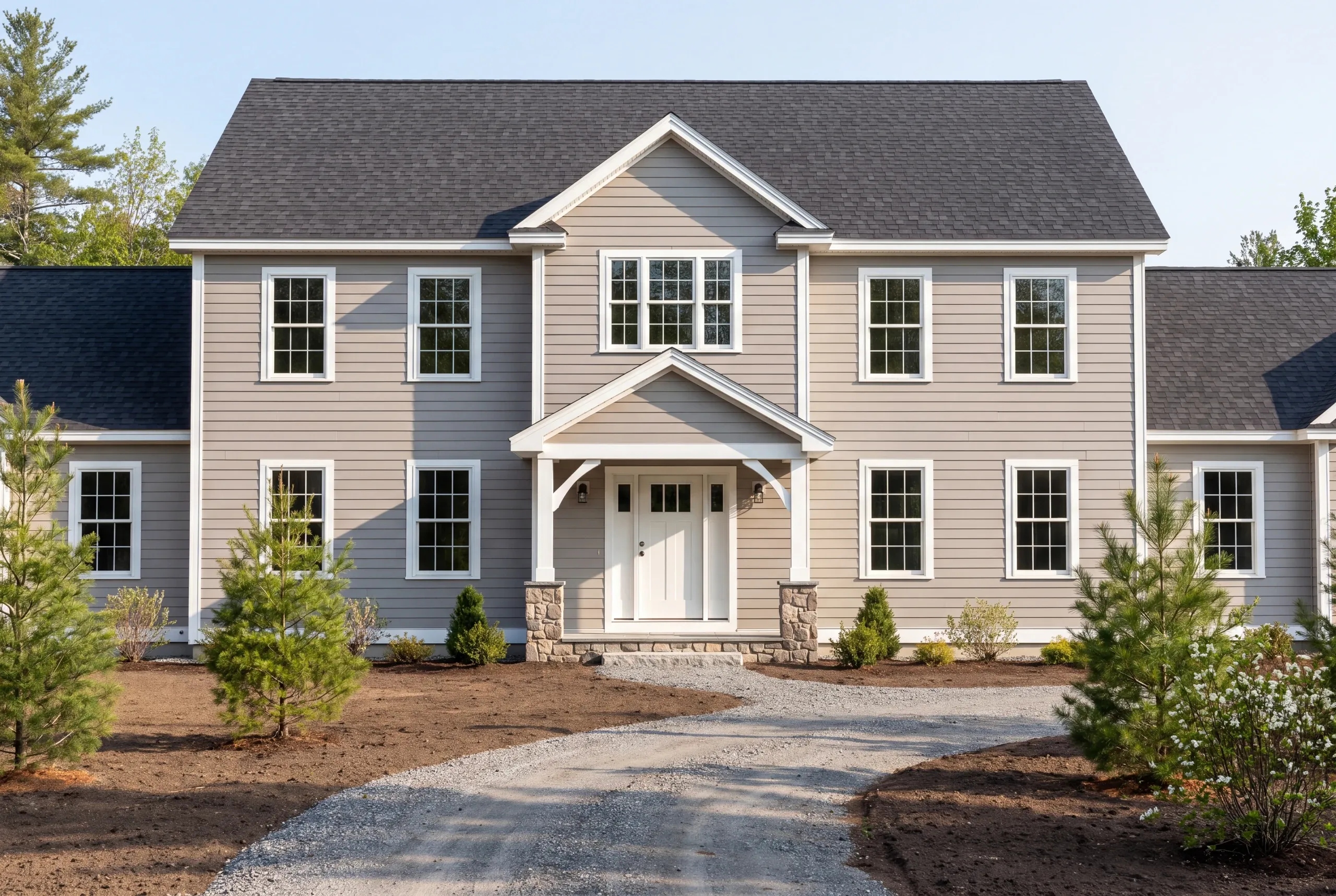 New home builder Waterville Maine: two-story gray colonial with a gabled portico on stone piers and white double doors