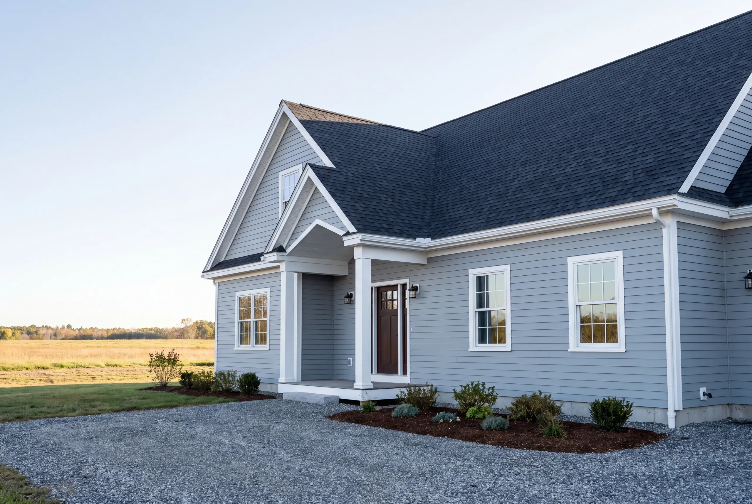 Residential home builder Waterville Maine: light gray house with white trim, a gabled entry portico and an open field beyond