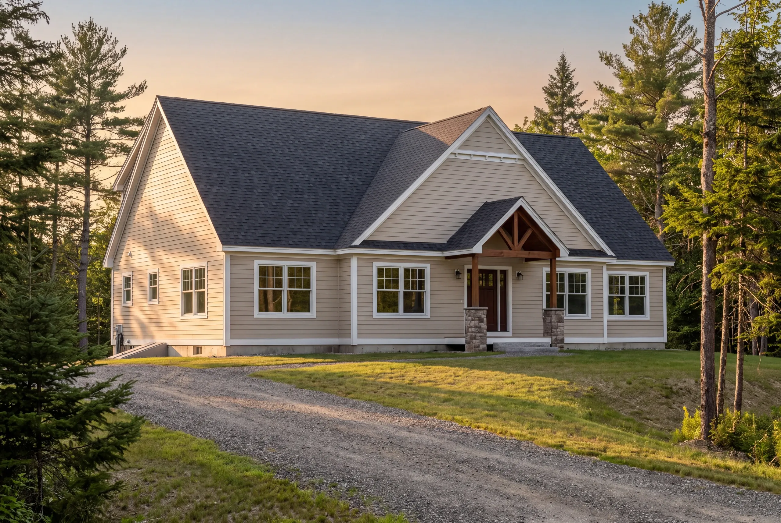 Custom home builder in Windsor, ME: cream-sided cape with a timber gable entry on stone piers at the end of a gravel drive