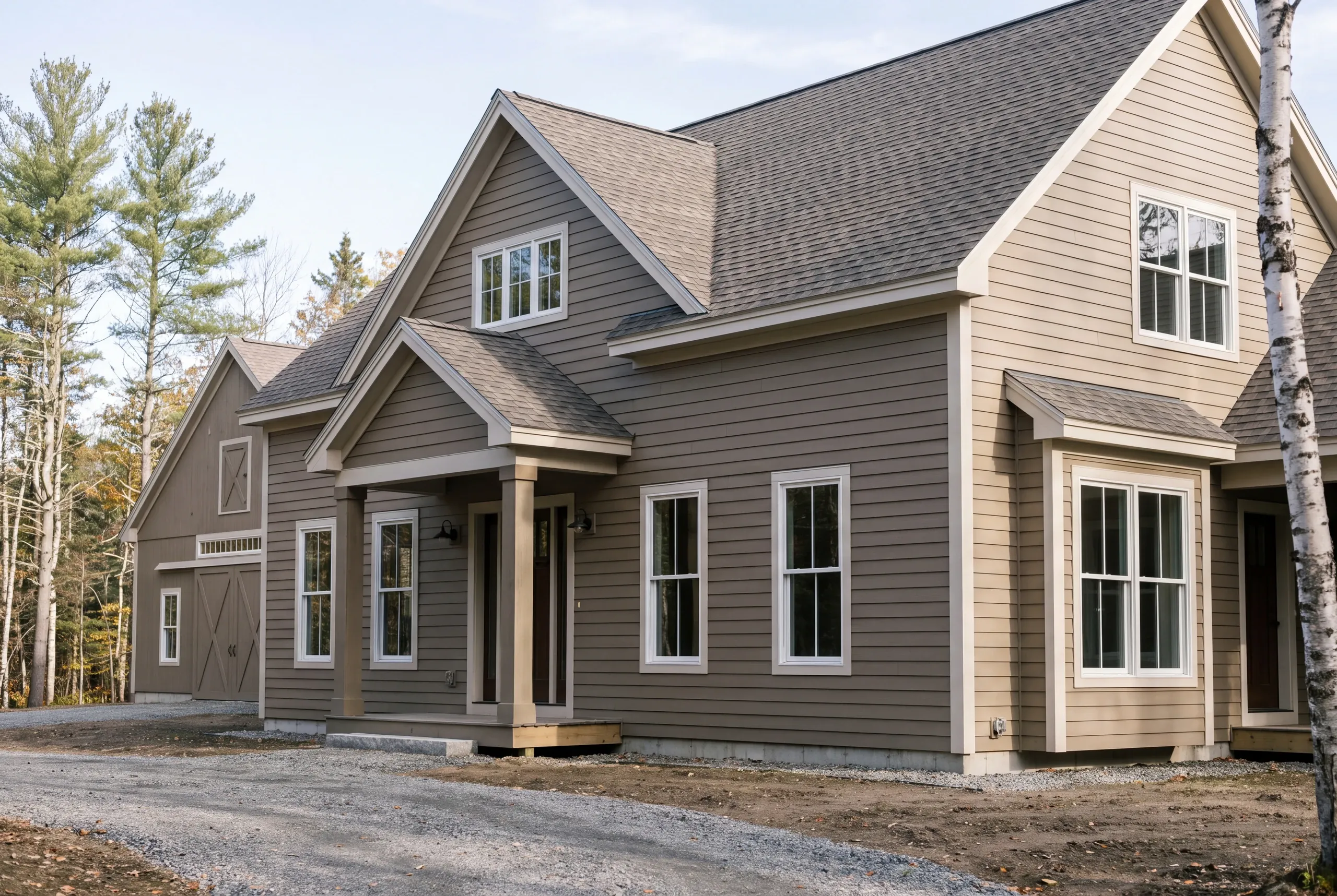New home builder Windsor Maine: taupe farmhouse with a gabled entry porch connected to a barn with X-braced doors