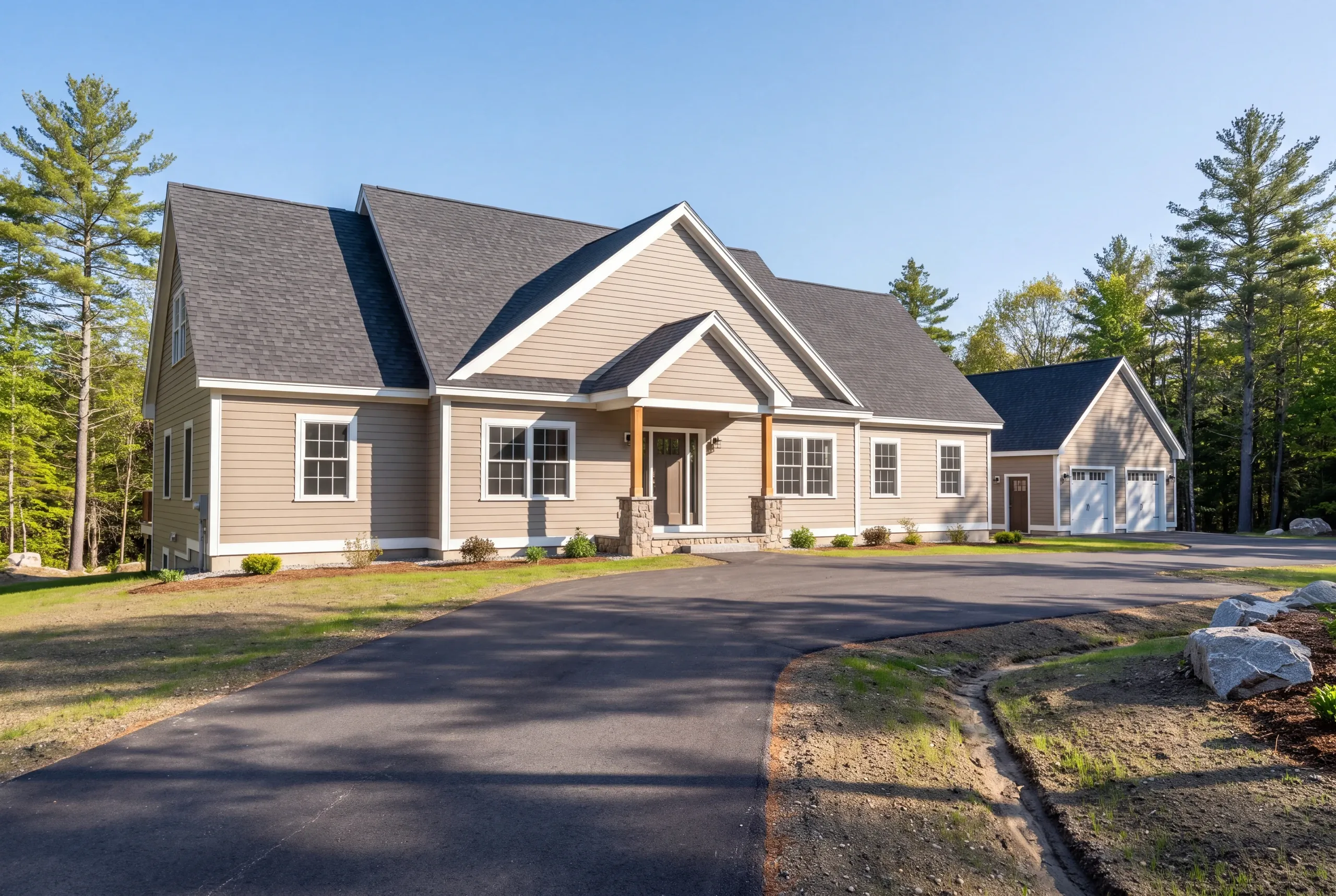 Residential home builder Windsor Maine: taupe cape with a separate two-door garage beyond it and a fresh asphalt drive