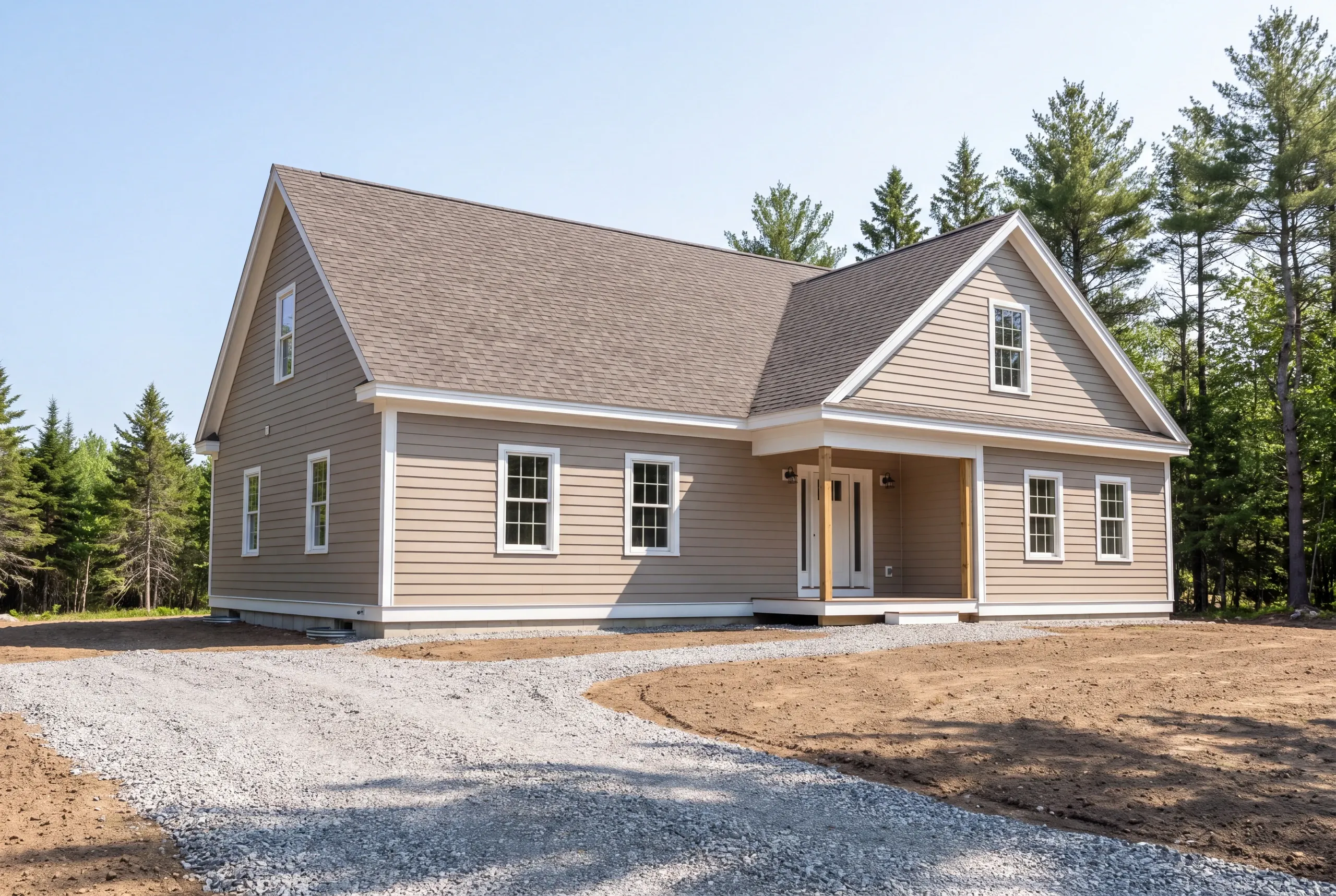 Custom home builder Windsor Maine: taupe cape with a front gable porch, a wide gravel apron and freshly graded soil