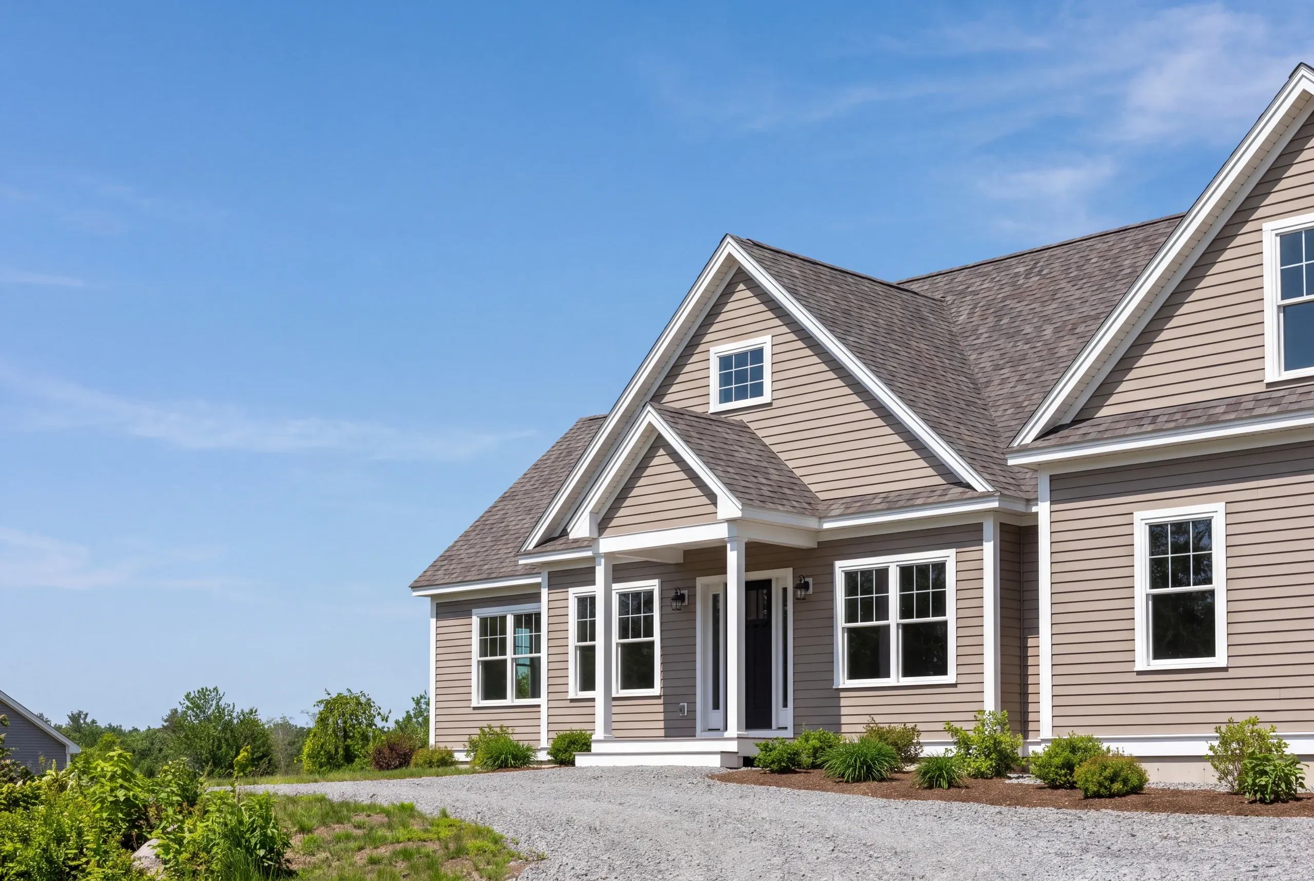 New home builder Windsor Maine: taupe house with stacked gables, a white columned portico and new foundation plantings