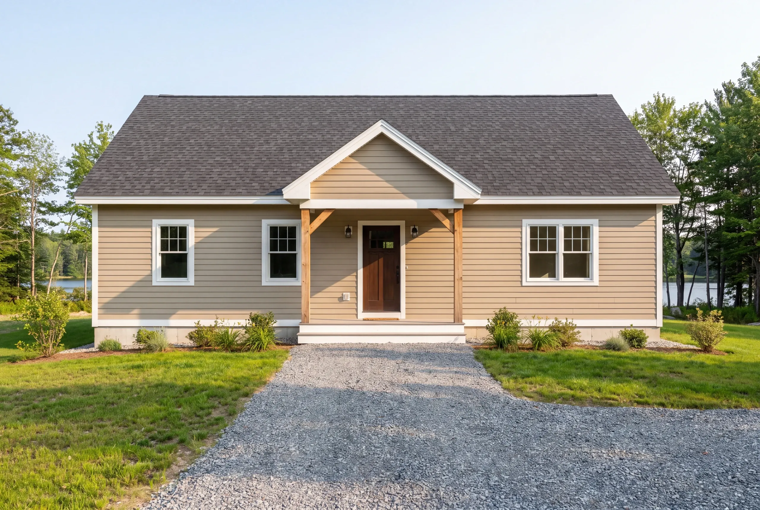 Custom home builder in Winslow, ME: single-story ranch in tan siding with a timber gable entry and a lake glimpsed behind