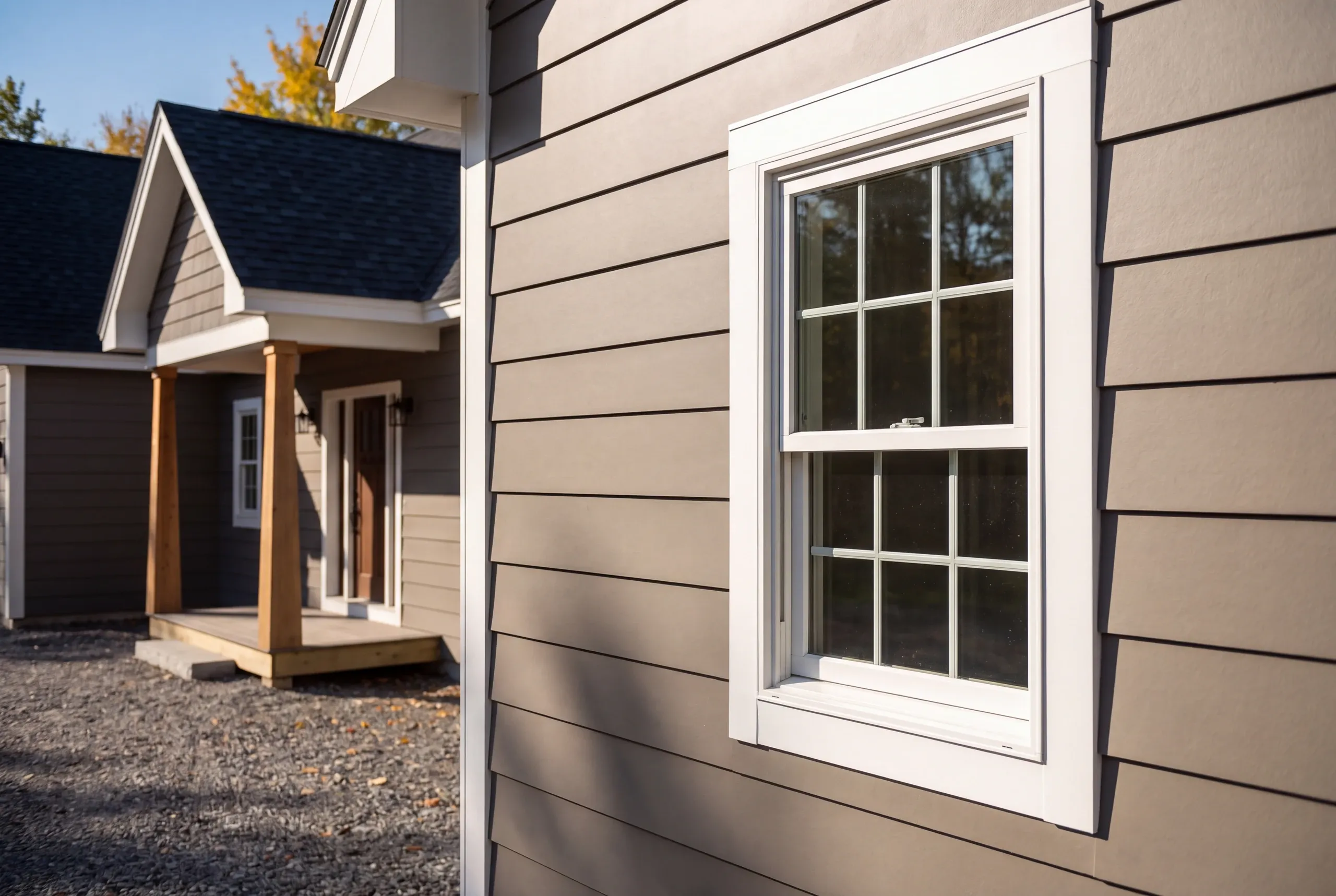 New home builder Winslow Maine: close view of taupe lap siding and a white double-hung window beside a gabled porch