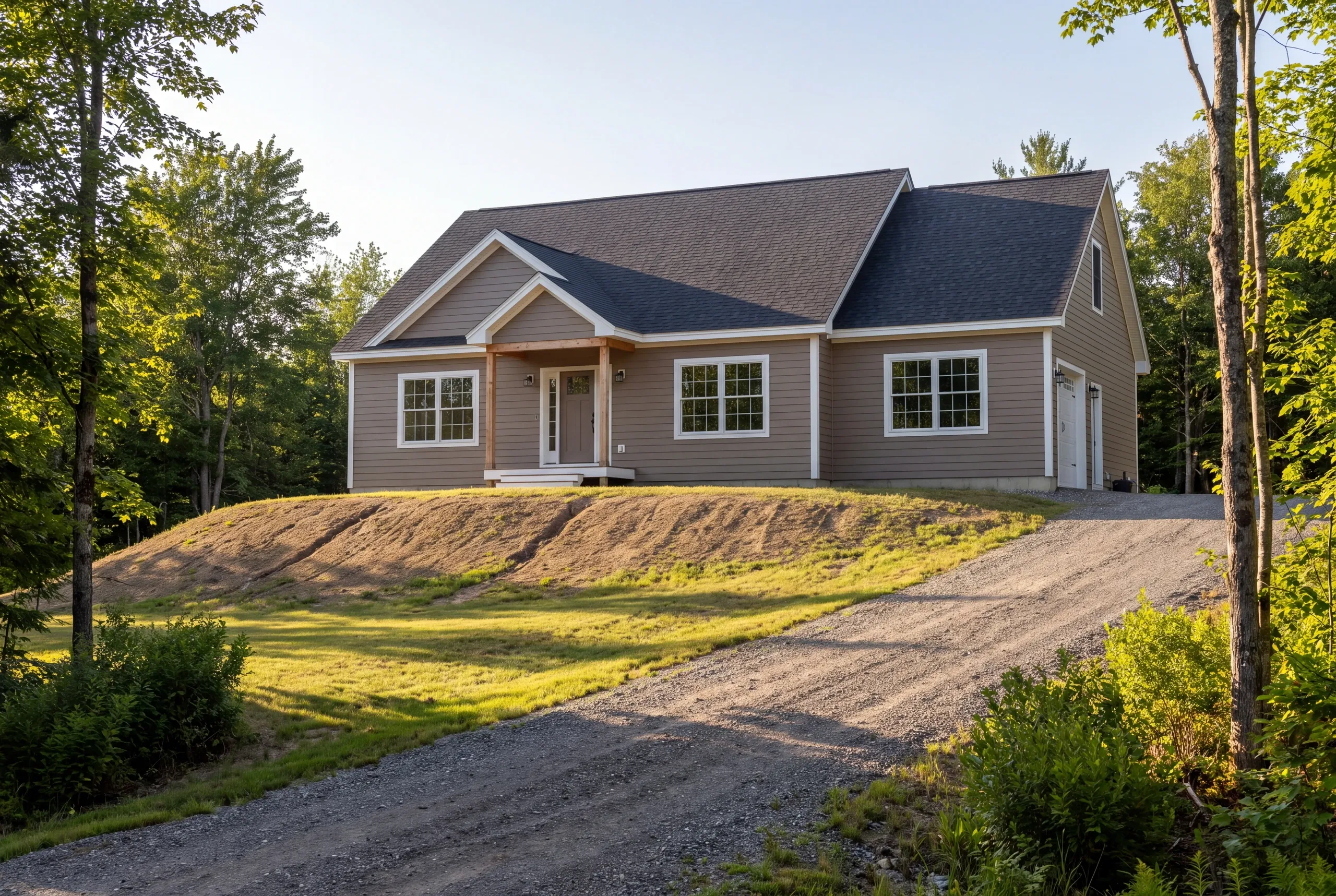 Residential home builder Winslow Maine: taupe ranch with an attached garage sitting on a built-up mound above a gravel drive
