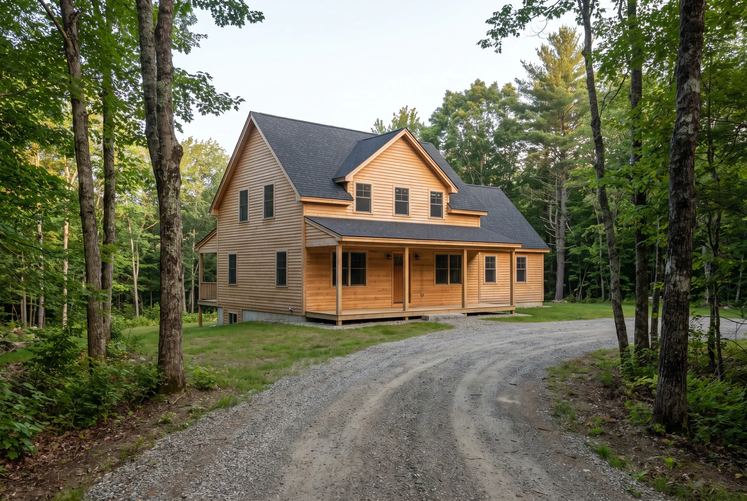 Custom home builder Winslow Maine: finished cedar cape with front porch and shingled dormer on a gravel drive in the trees