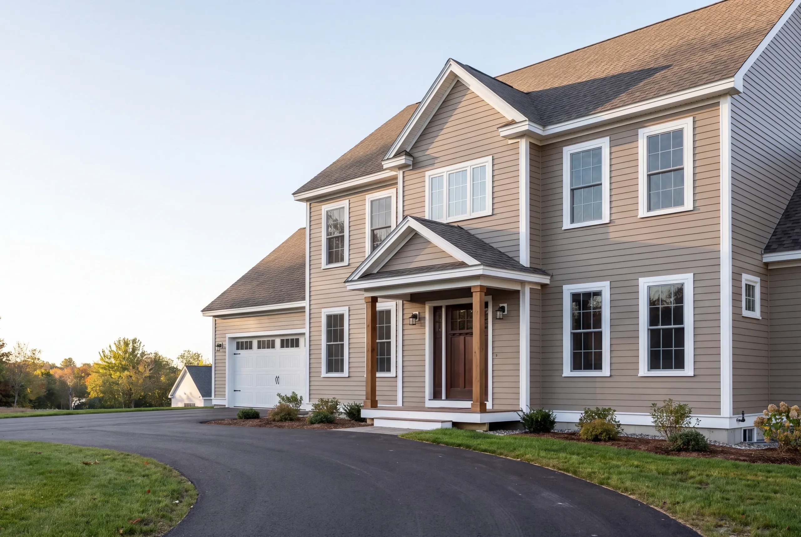 Residential home builder Winslow Maine: tan colonial with cedar post entry porch, attached garage and curved paved drive