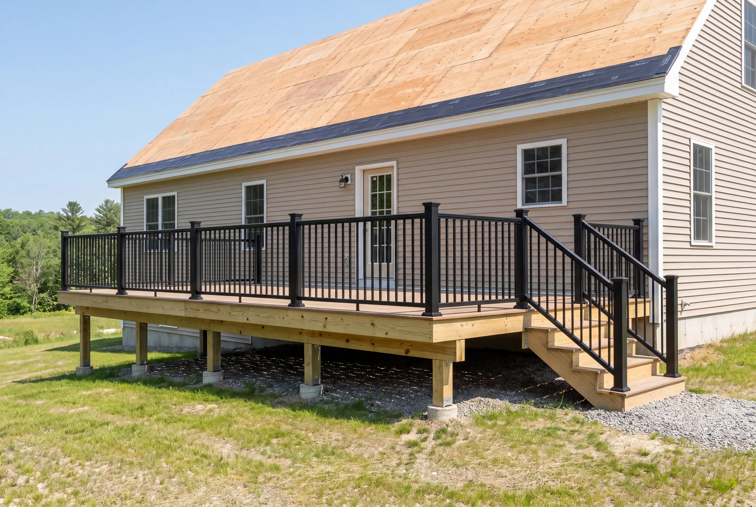 Deck builder in Augusta, ME: raised deck with brown boards and black railing on a tan cape, roof still in sheathing