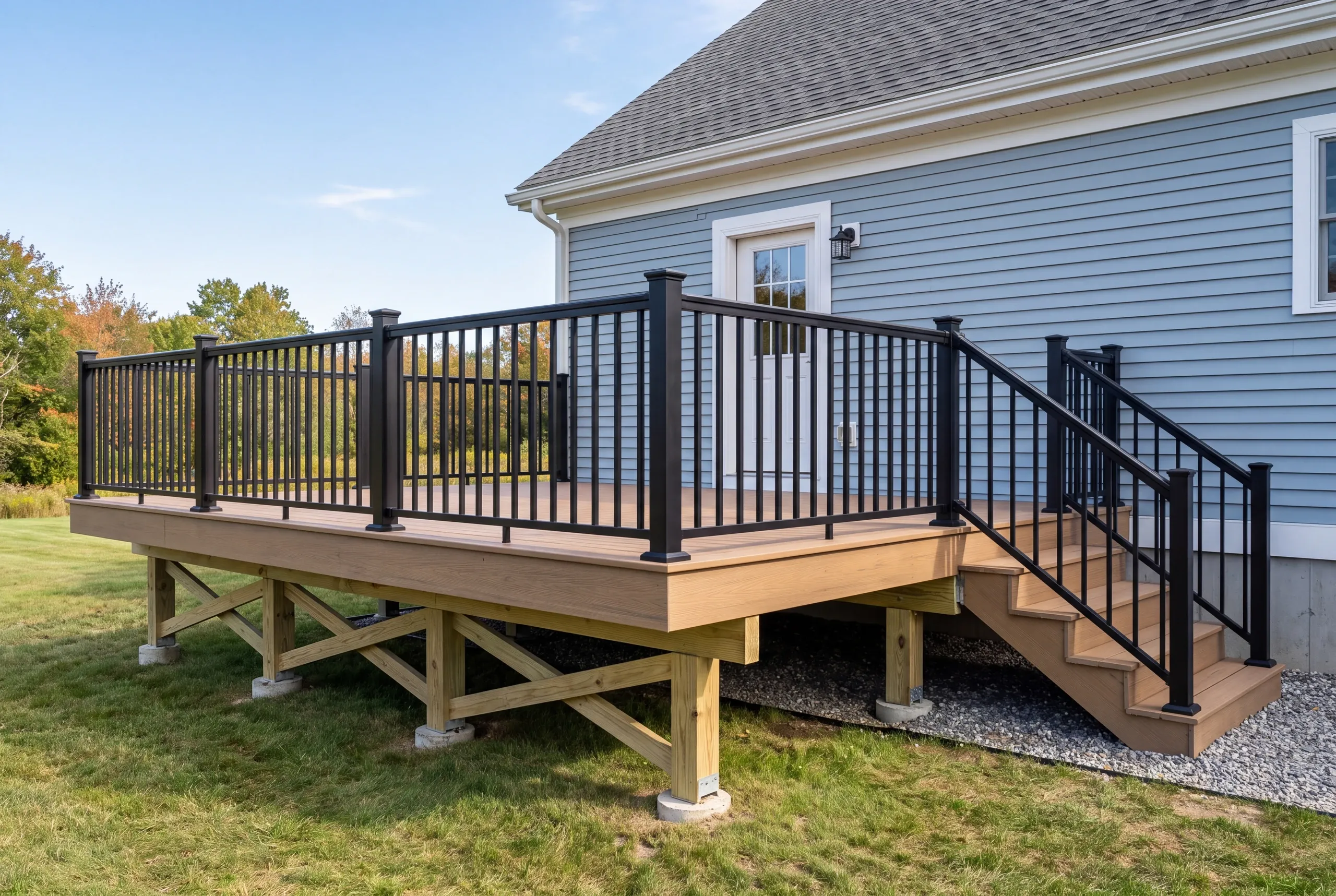 Custom deck builder Augusta Maine: blue clapboard house with brown deck, black railing and cross-braced tall posts