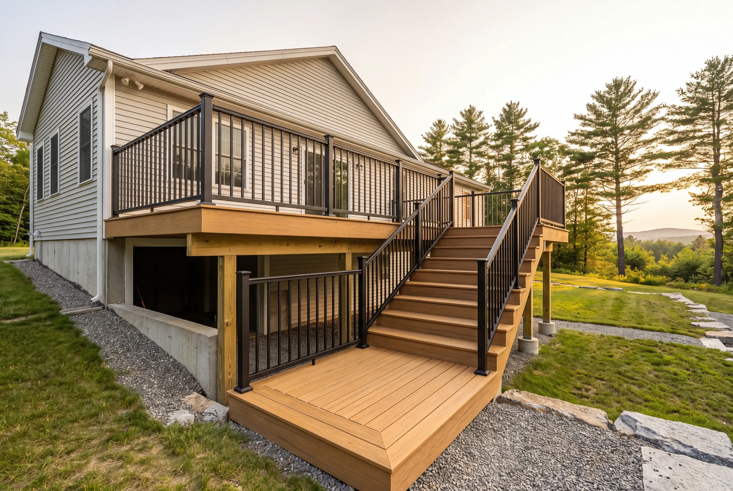 Deck contractor Augusta Maine: gray walkout home with upper deck and long stair down to a ground landing